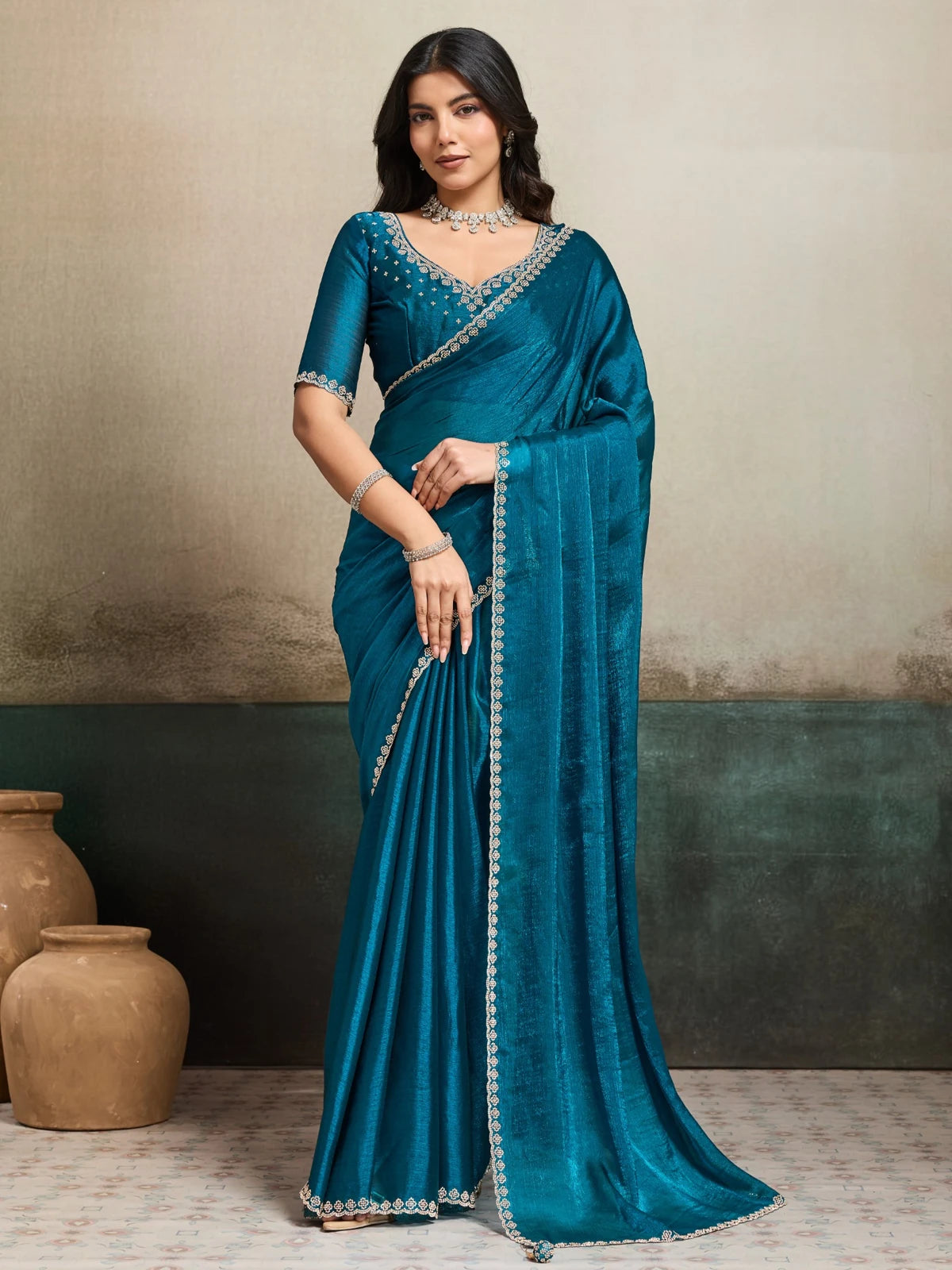 Tarani teal Fendy Chiffon blooming saree with Jarque work full view Neharika