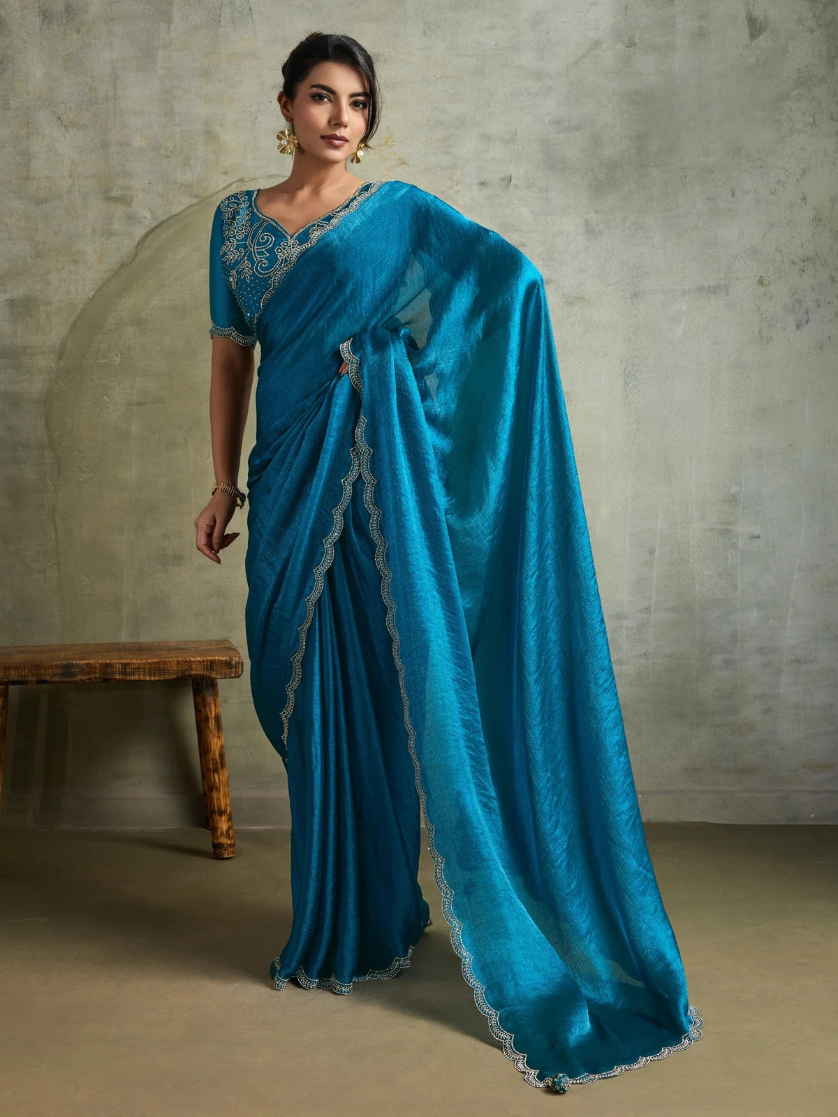 Tarani teal Fendy Chiffon saree with designer Zarkan work full front view for festive party wear