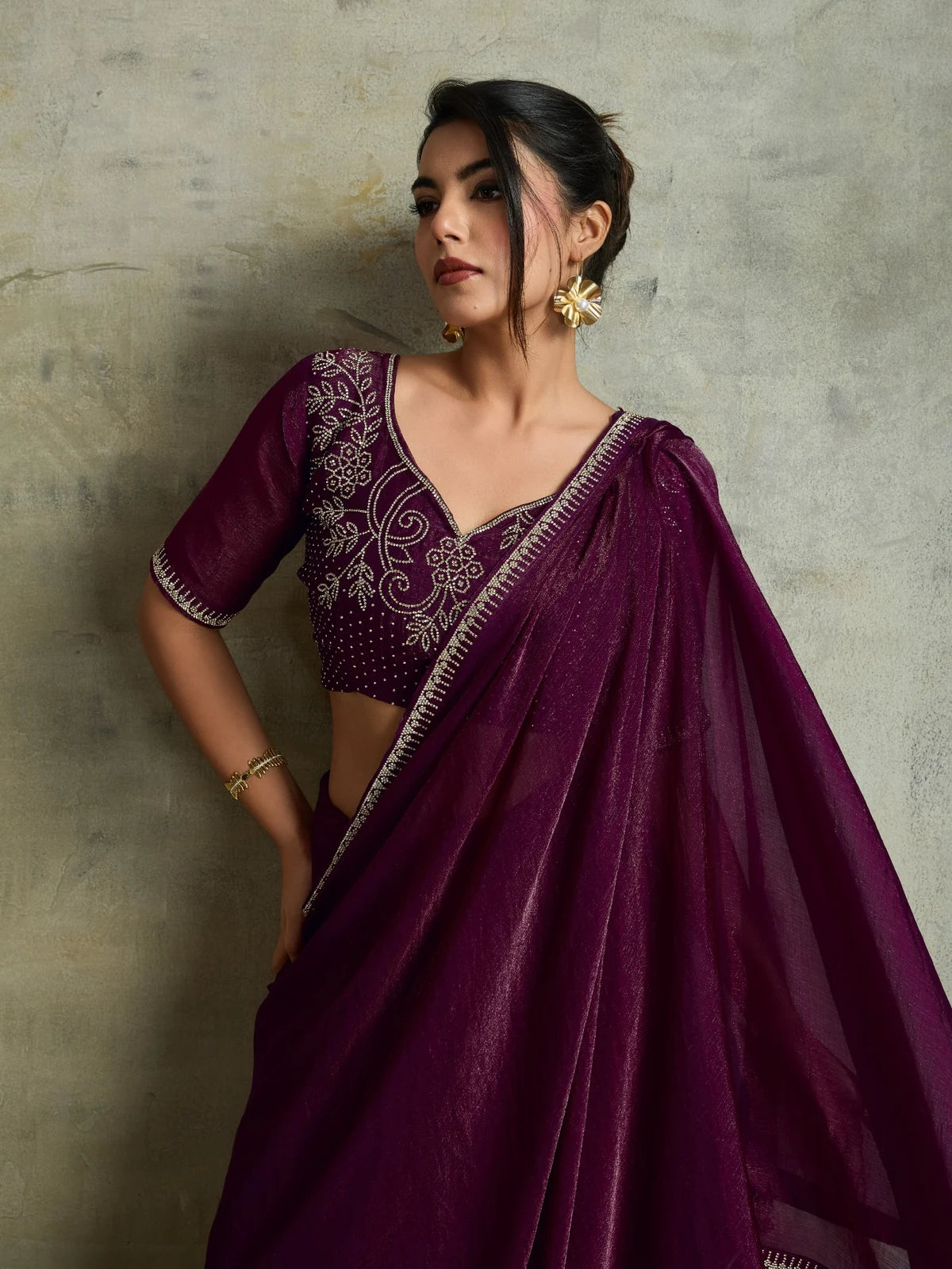 Tarani designer wine saree blouse close view with premium zarkan embroidery work