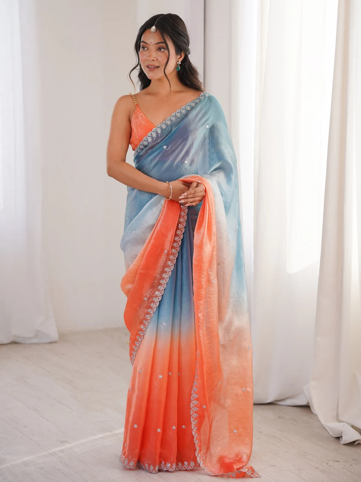 Tarani Meghana blue and peach Fendy Satin saree with sequence embroidery full view
