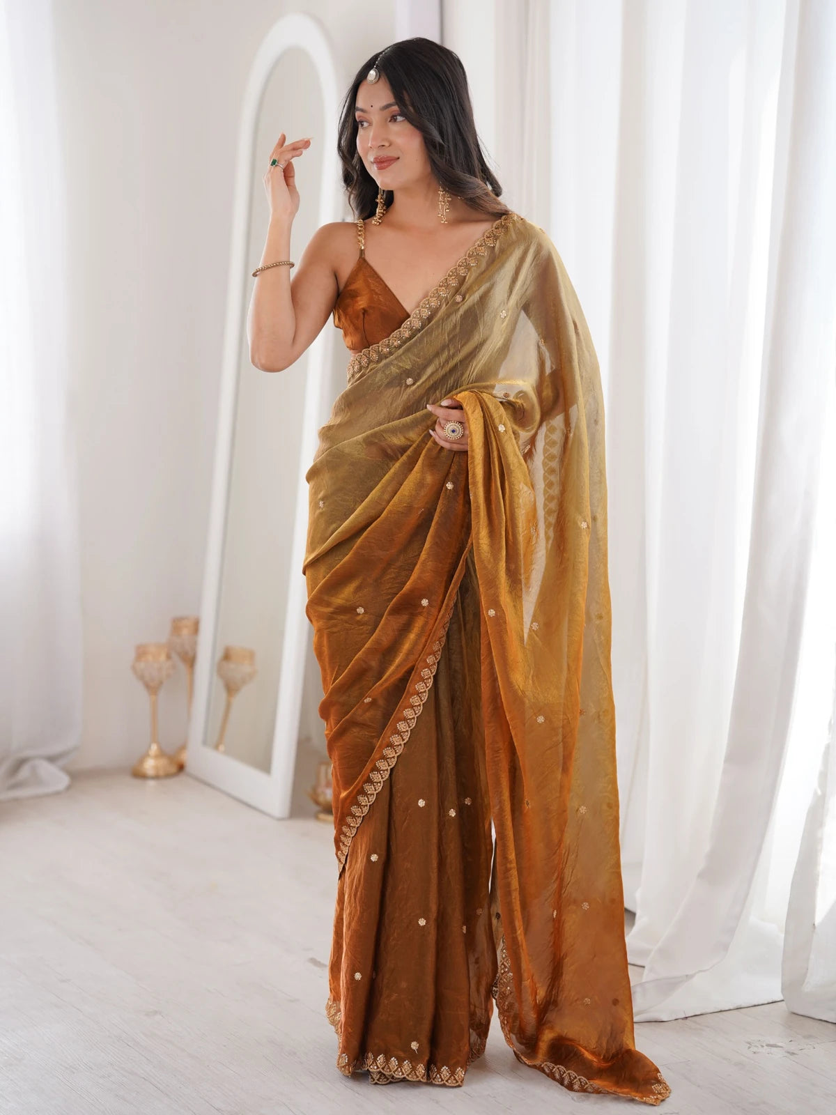 Tarani Aashi brown Fendy Satin party wear saree with embroidered border front view