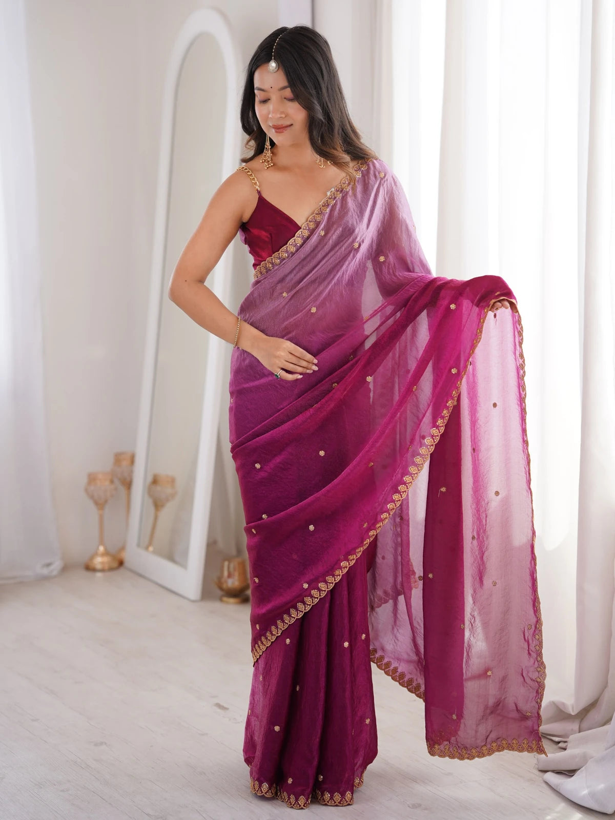 Tarani magenta Fendy Satin saree with sequence embroidery work front full view for wedding and party wear