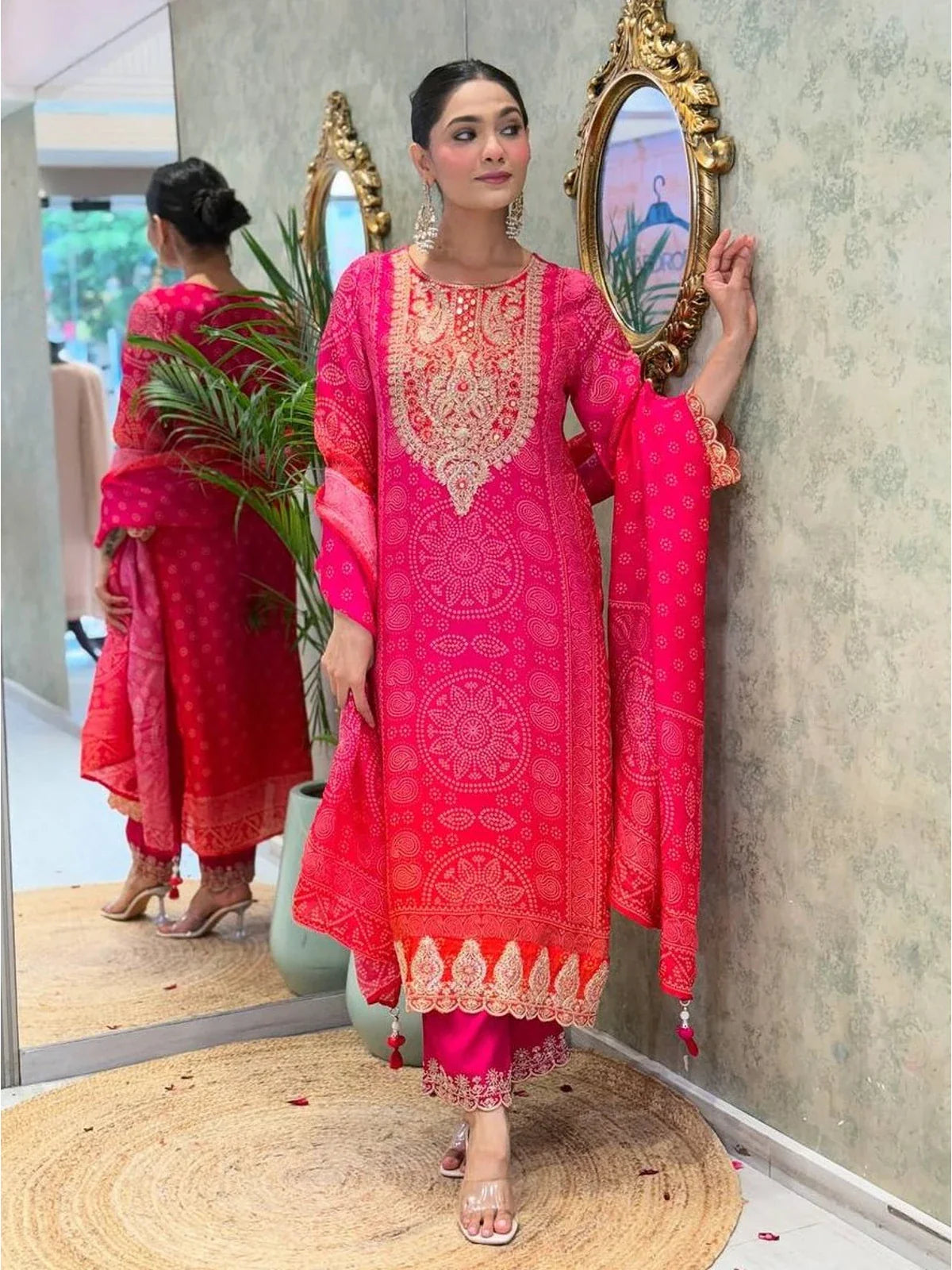 Tarani pink French Crepe dress full view for festive occasions