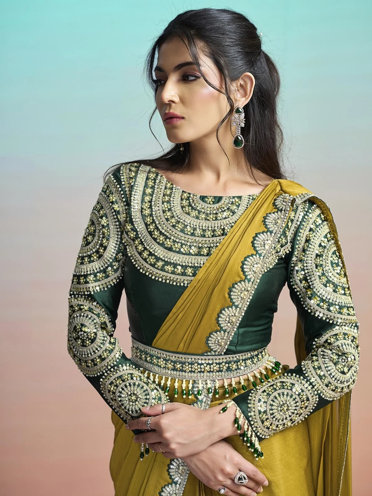 Tarani Gaura mustard ready to wear saree side view with dual sequin pearl stone embroidered blouse