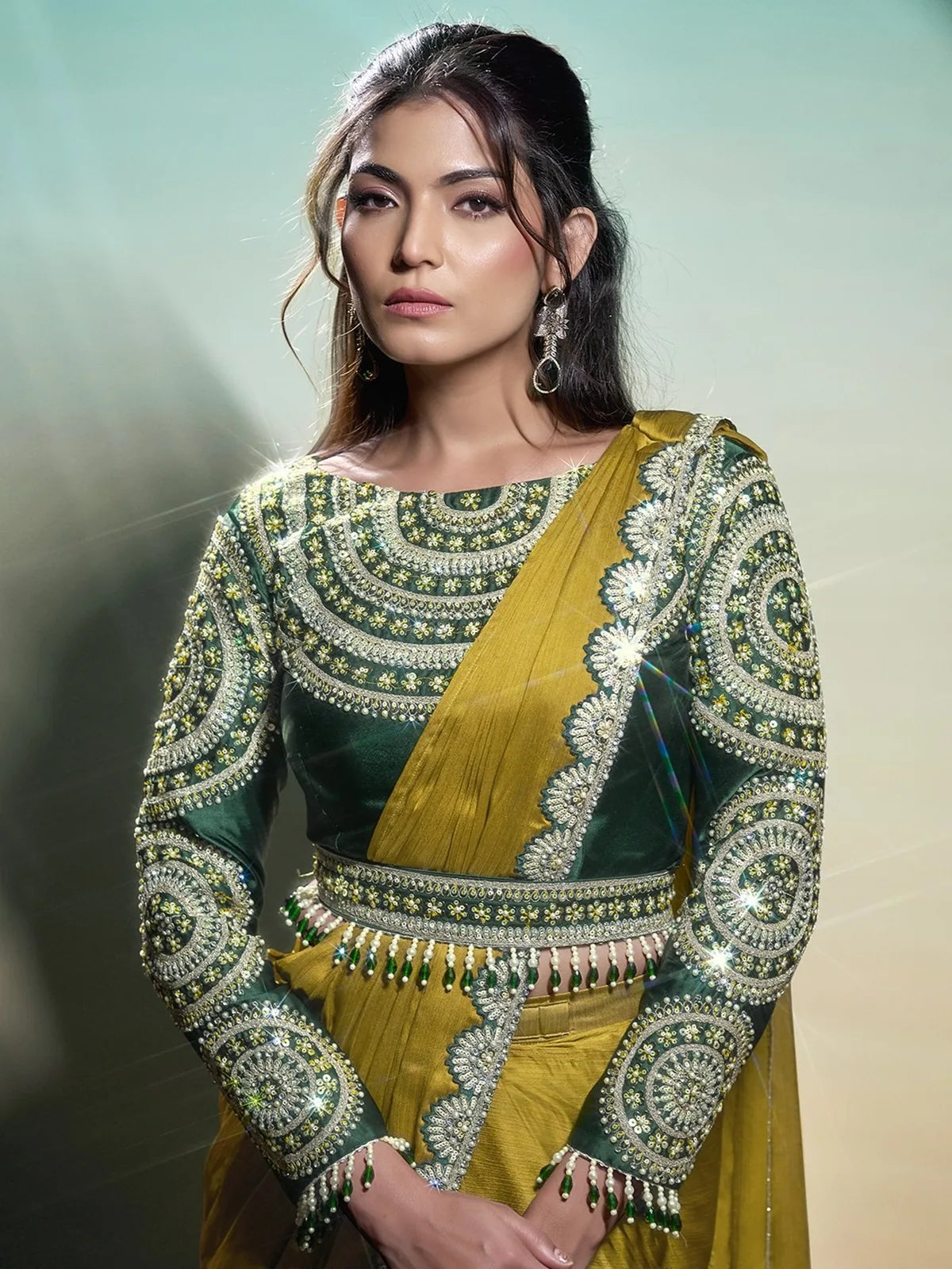 Tarani Gaura mustard ready to wear saree upper body view with pearl stone sequin embroidered blouse