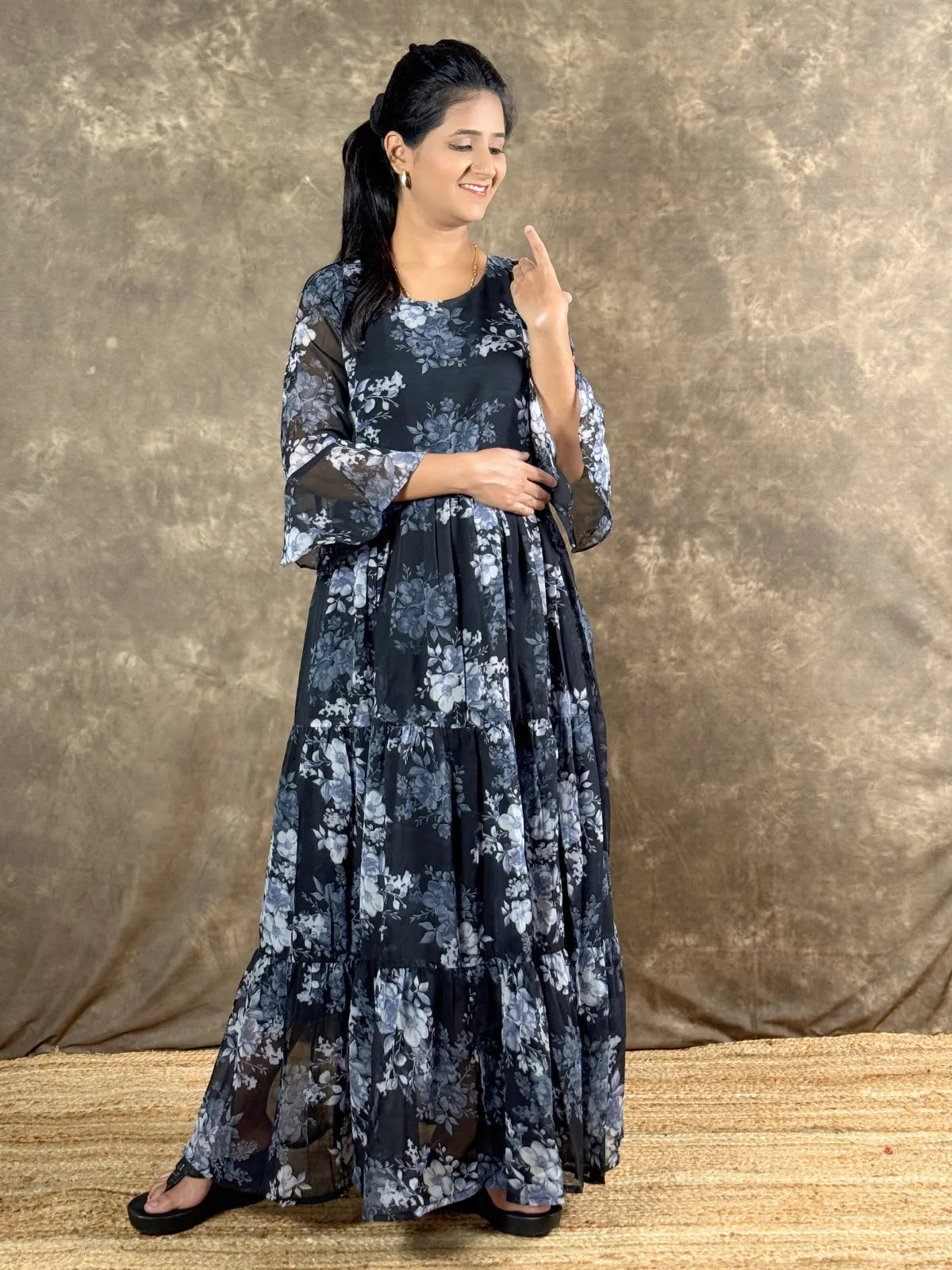 Tarani stylish black floral georgette midi dress front view