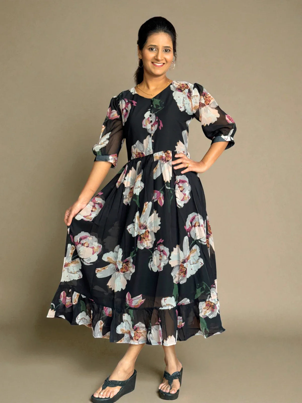 Tarani black floral georgette midi dress full length view