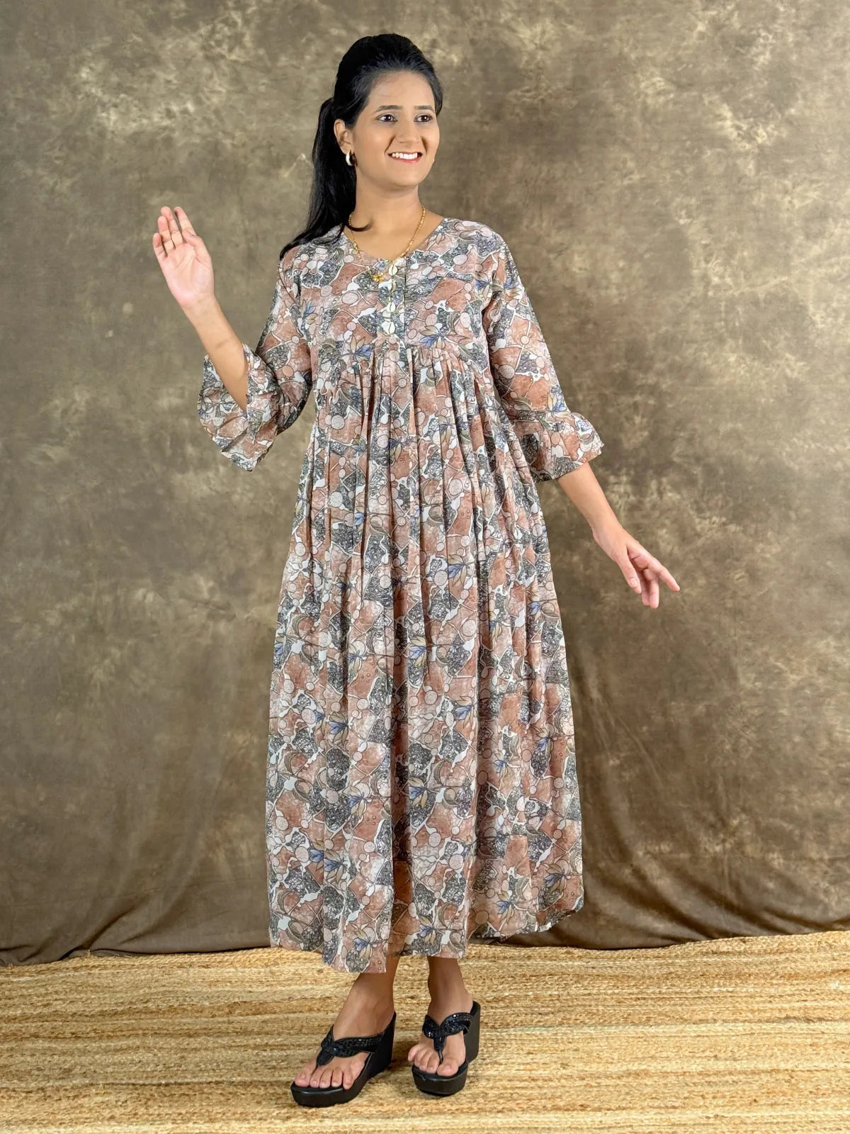 Tarani brown georgette midi dress front full length view