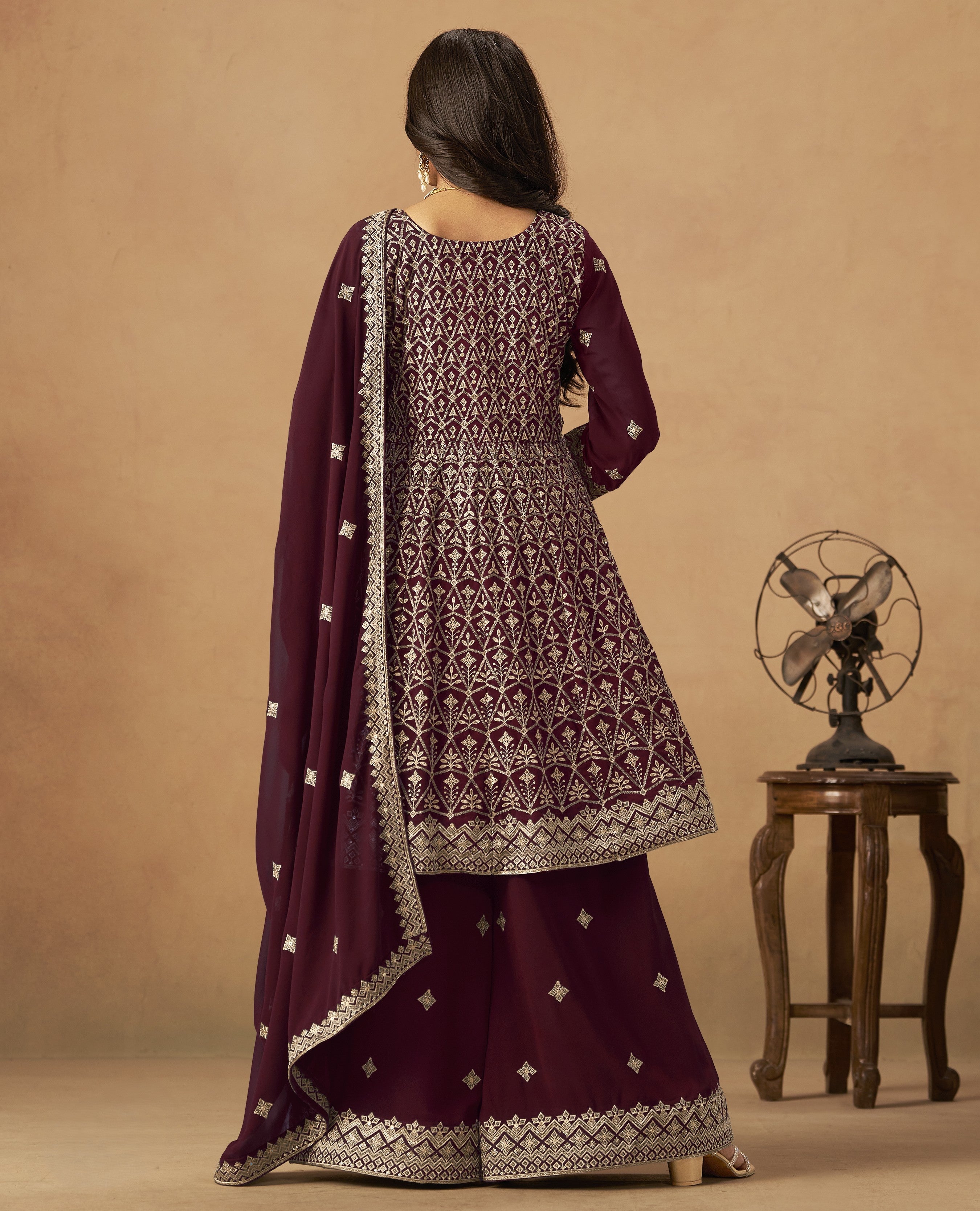 Tarani maroon georgette dress with dupatta and plazo back view