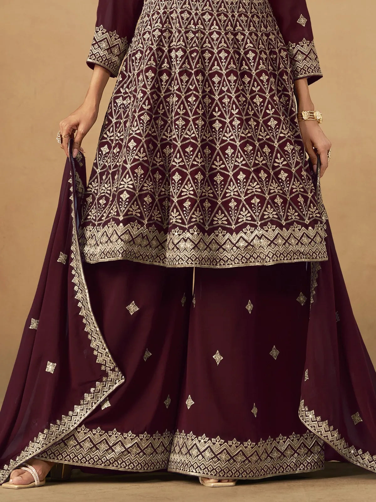 Tarani maroon georgette dress embroidery closeup detailing view