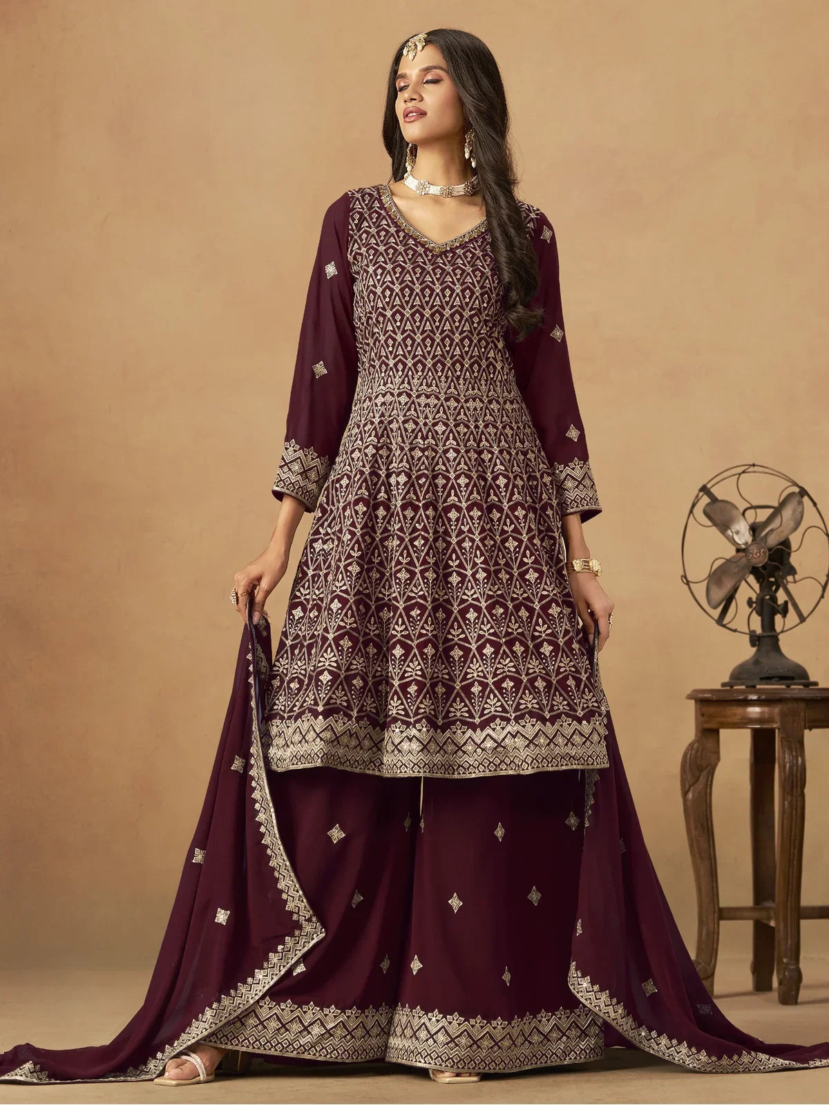 Tarani premium maroon faux georgette dress with dupatta and plazo full view