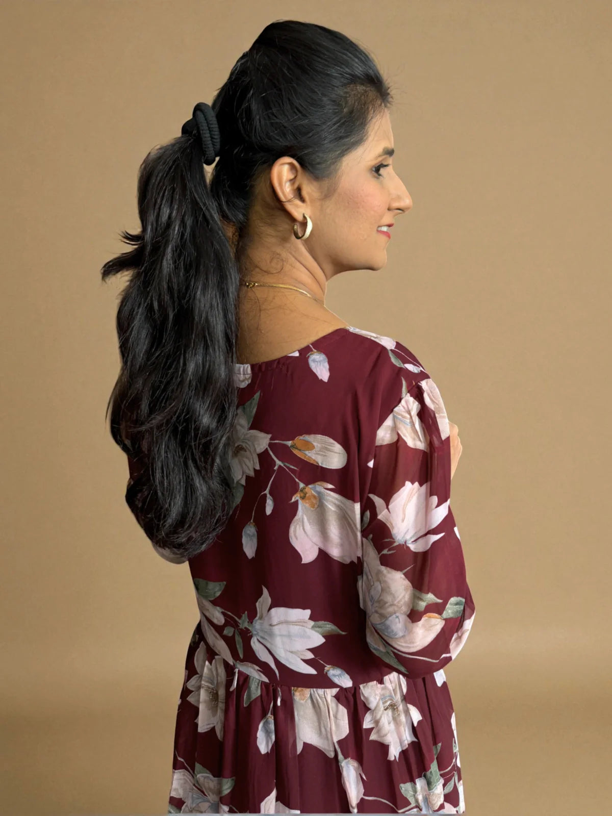 Tarani maroon floral georgette midi dress back and side pose