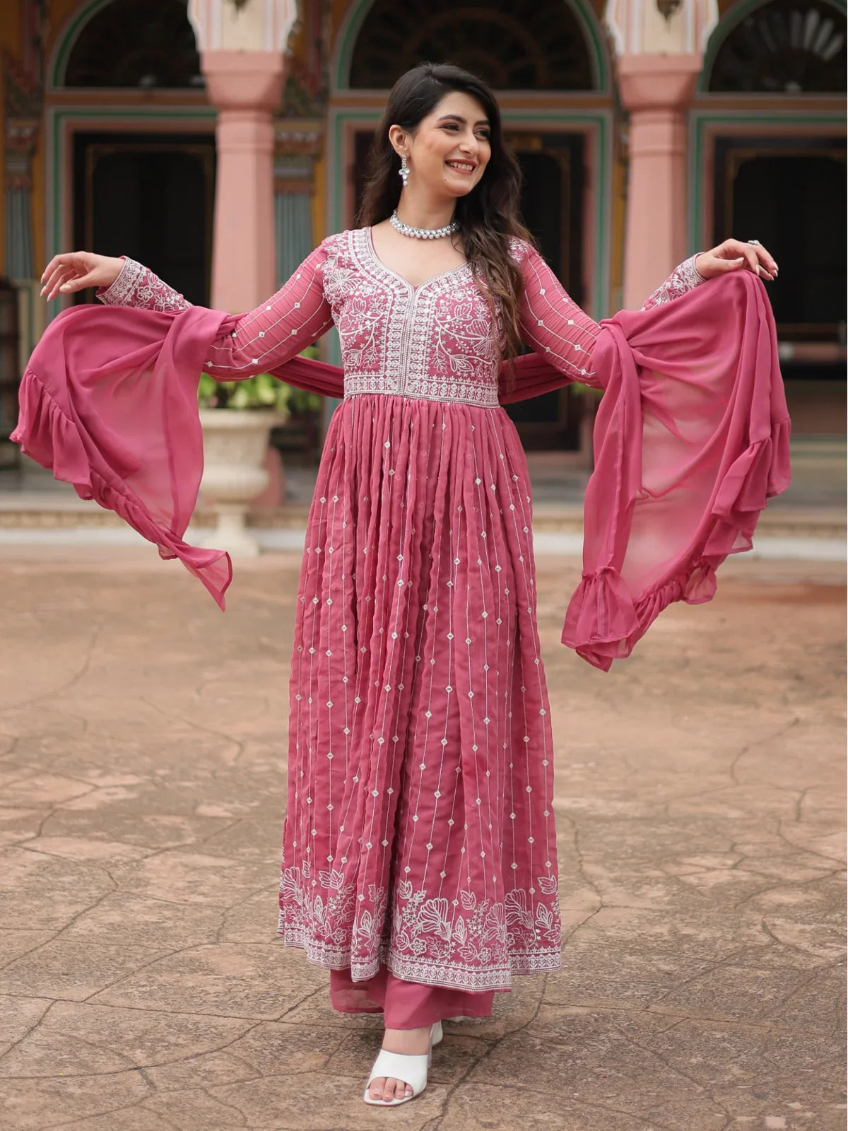 Tarani pink embroidered georgette dress front pose with dupatta and full sleeves