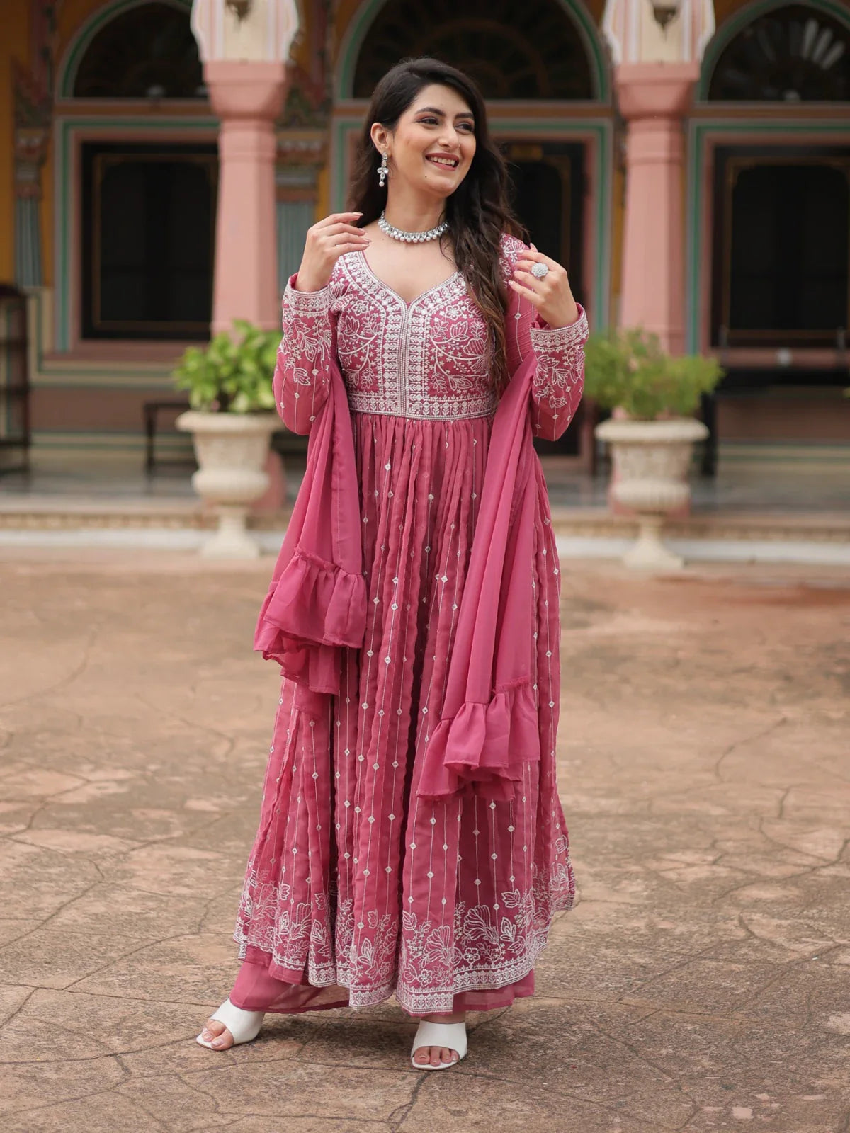 Tarani pink georgette embroidered full view party dress with dupatta and pant