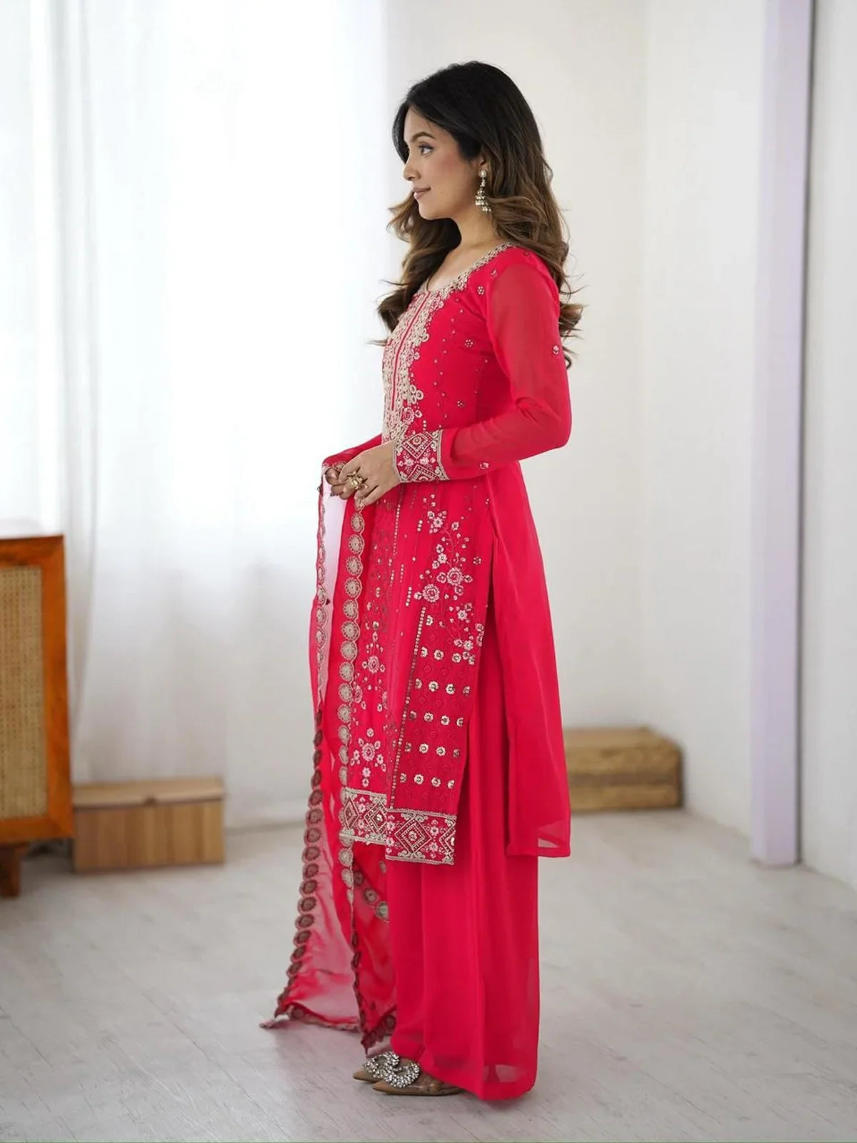 Tarani designer pink faux georgette partywear dress side profile with soft palazzo drape and dupatta