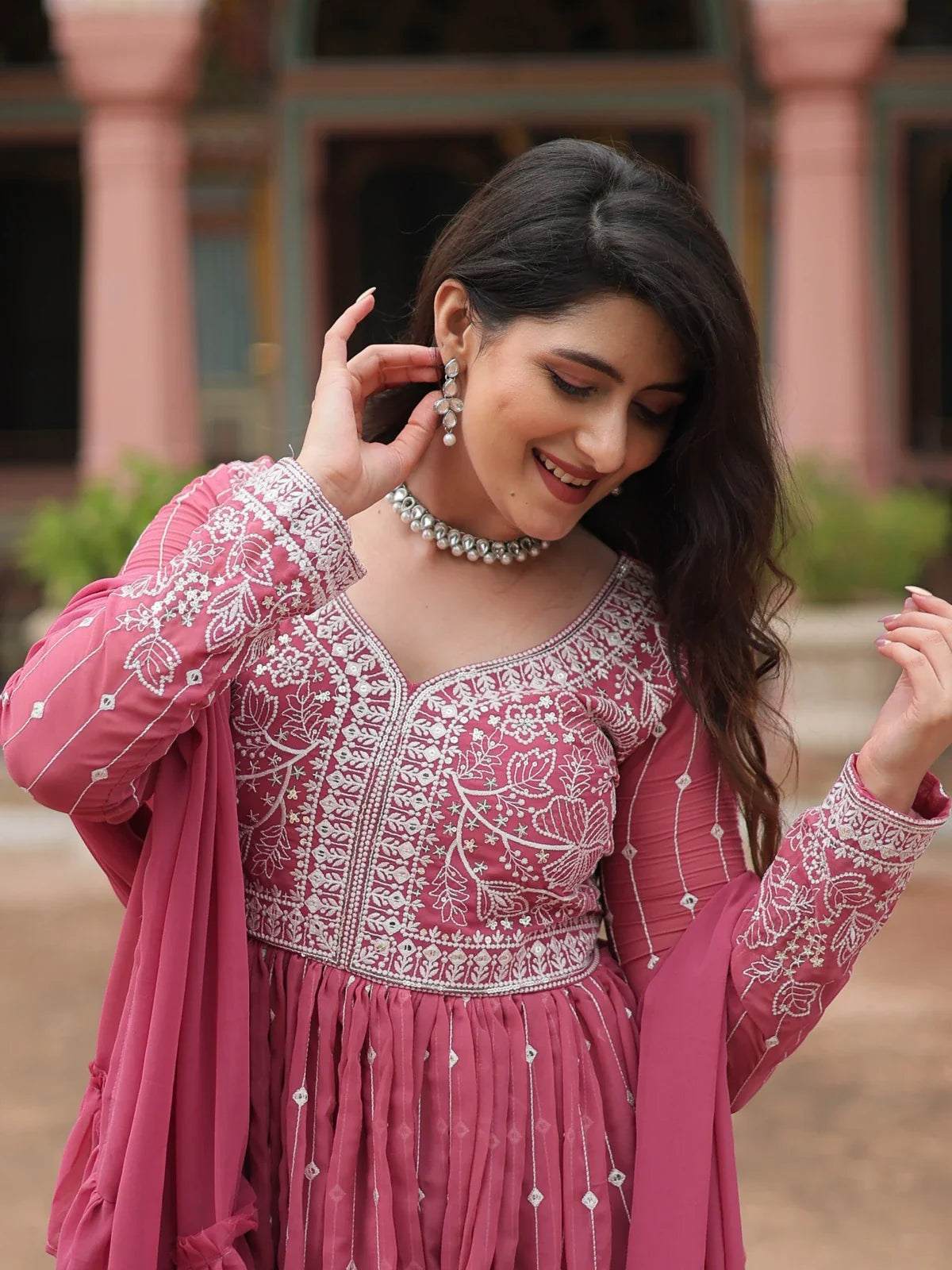 Tarani pink georgette dress close-up upper body showing neckline and embroidery