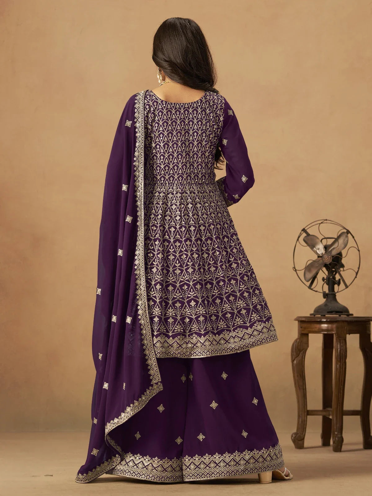Tarani purple georgette dress back view with dupatta design