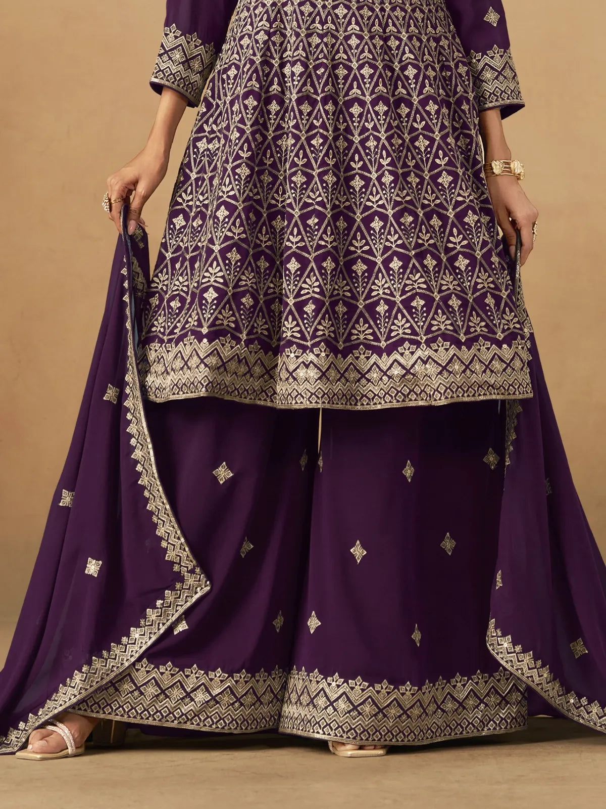 Tarani purple georgette dress closeup of embroidery and fabric