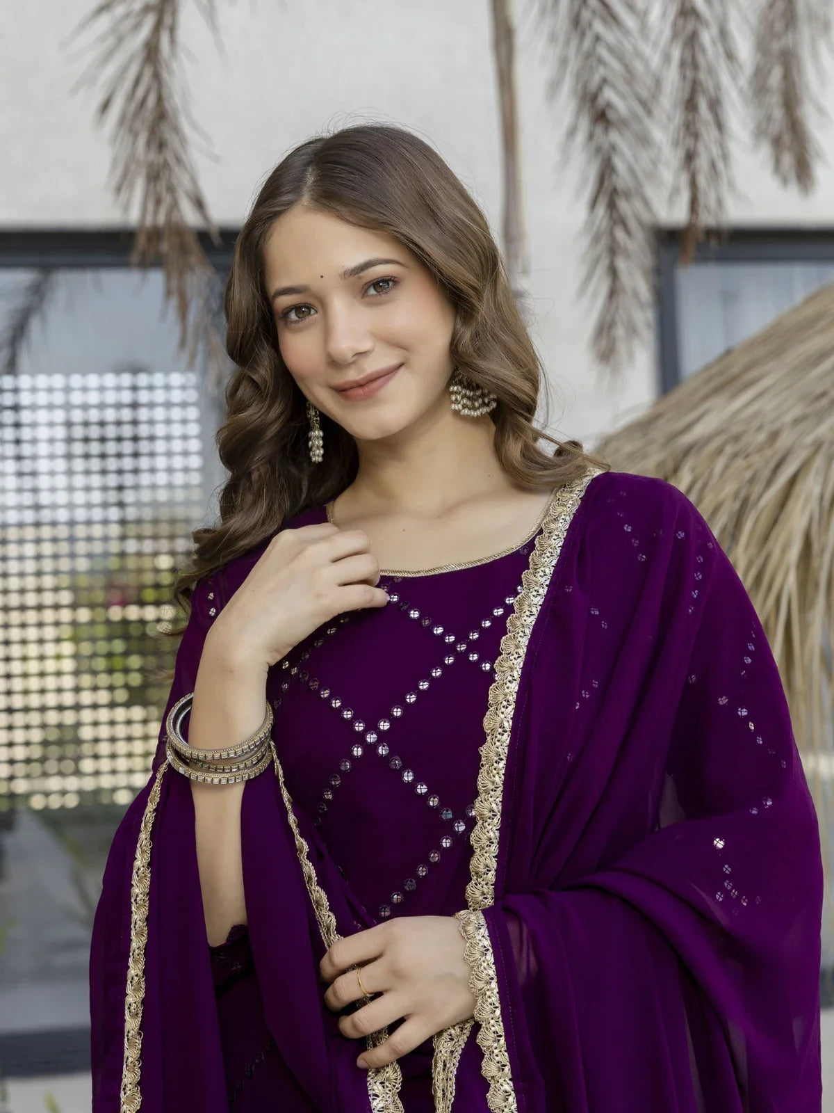 Tarani purple georgette dress for women with mirror embroidery and lace dupatta - upper body view