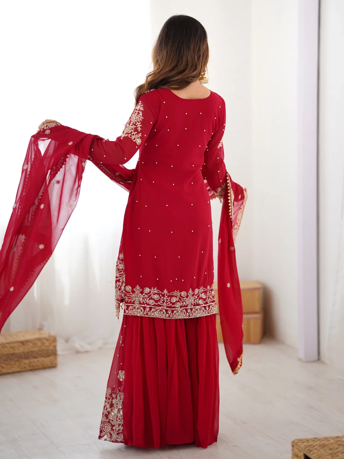 Tarani premium red georgette sharara dress with embroidery full back view