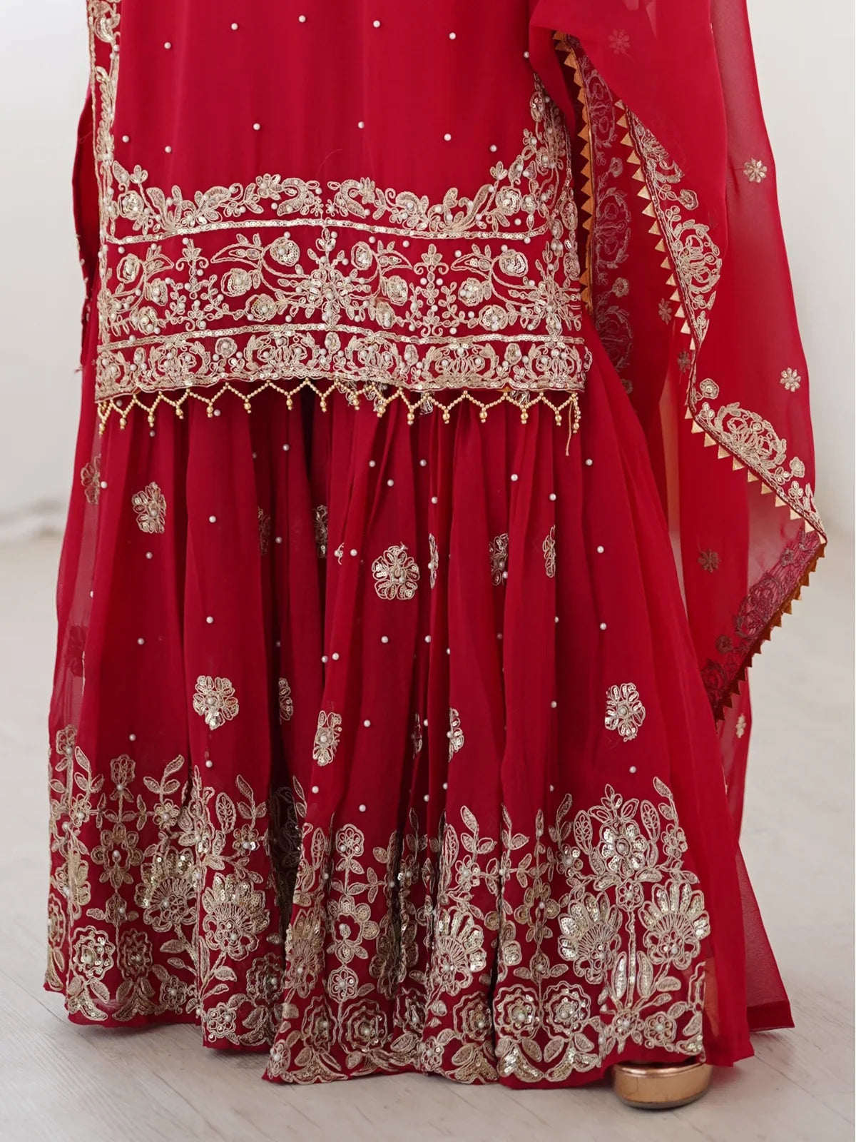 Tarani premium red georgette sharara dress embroidery closeup view