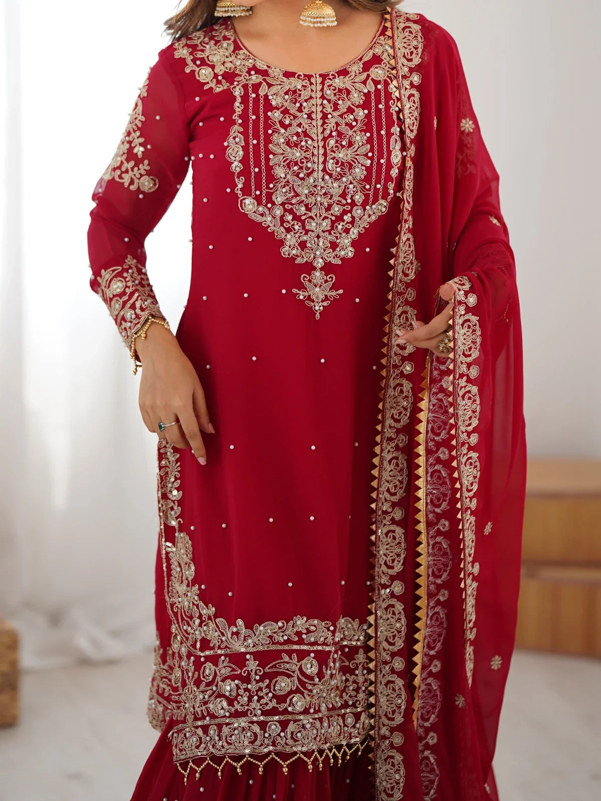 Tarani premium red georgette sharara dress with embroidery front view