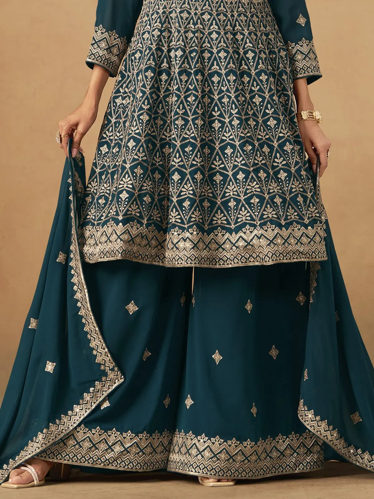 Tarani teal georgette dress closeup embroidery detailing