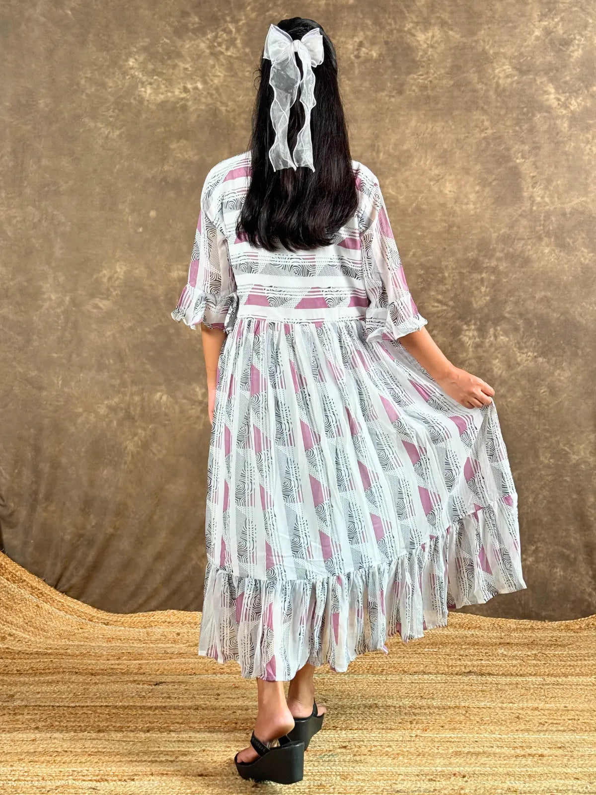 Tarani white georgette midi dress with mauve patterns back design view