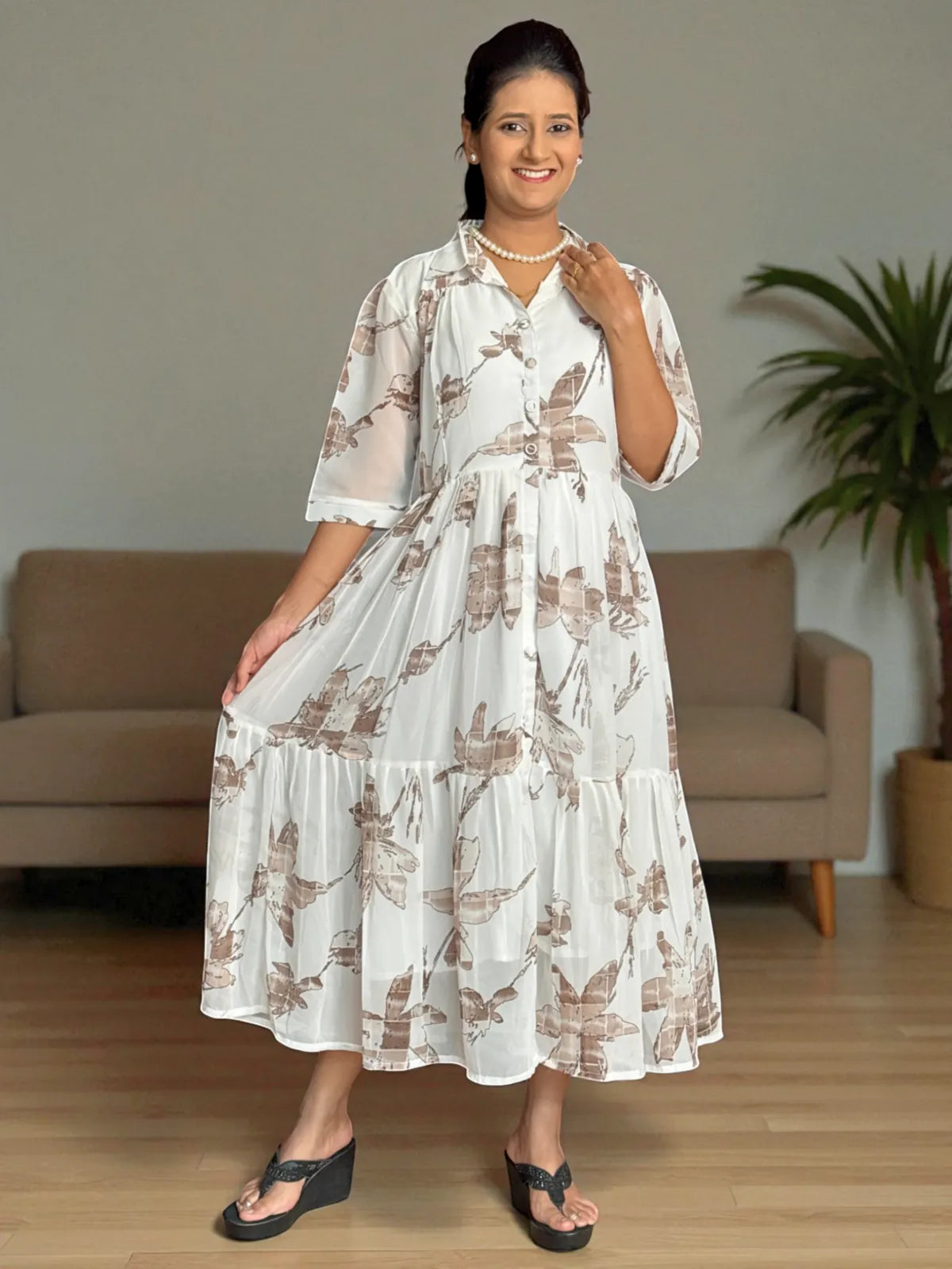 Tarani white georgette midi dress with floral sepia print and 3/4 sleeves front full view