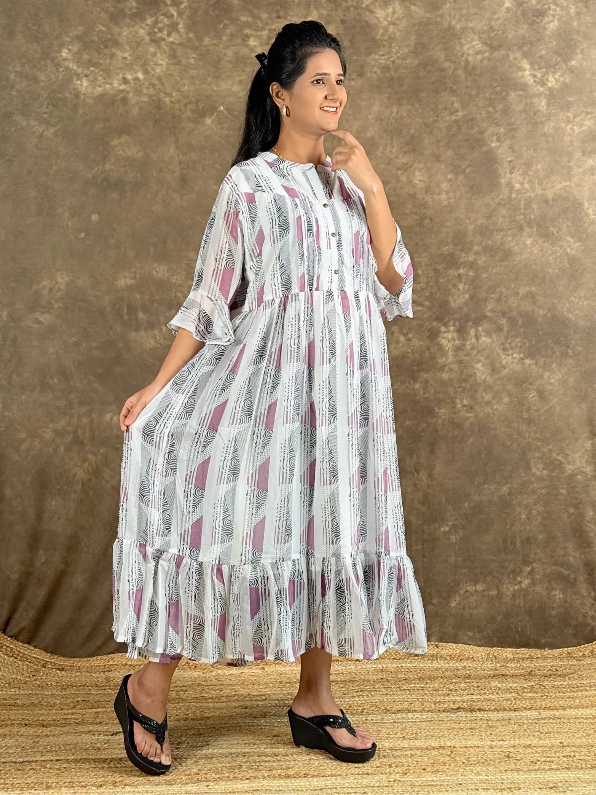 Tarani white georgette midi dress with mauve patterns side angle view