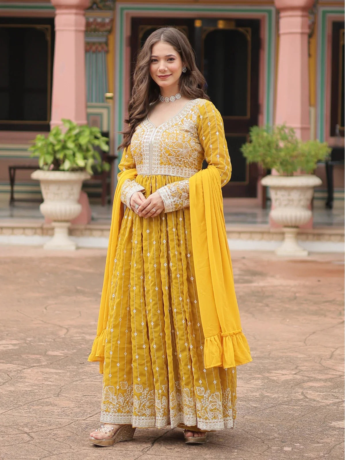 Tarani yellow faux georgette embroidered festive dress with dupatta and pant full view
