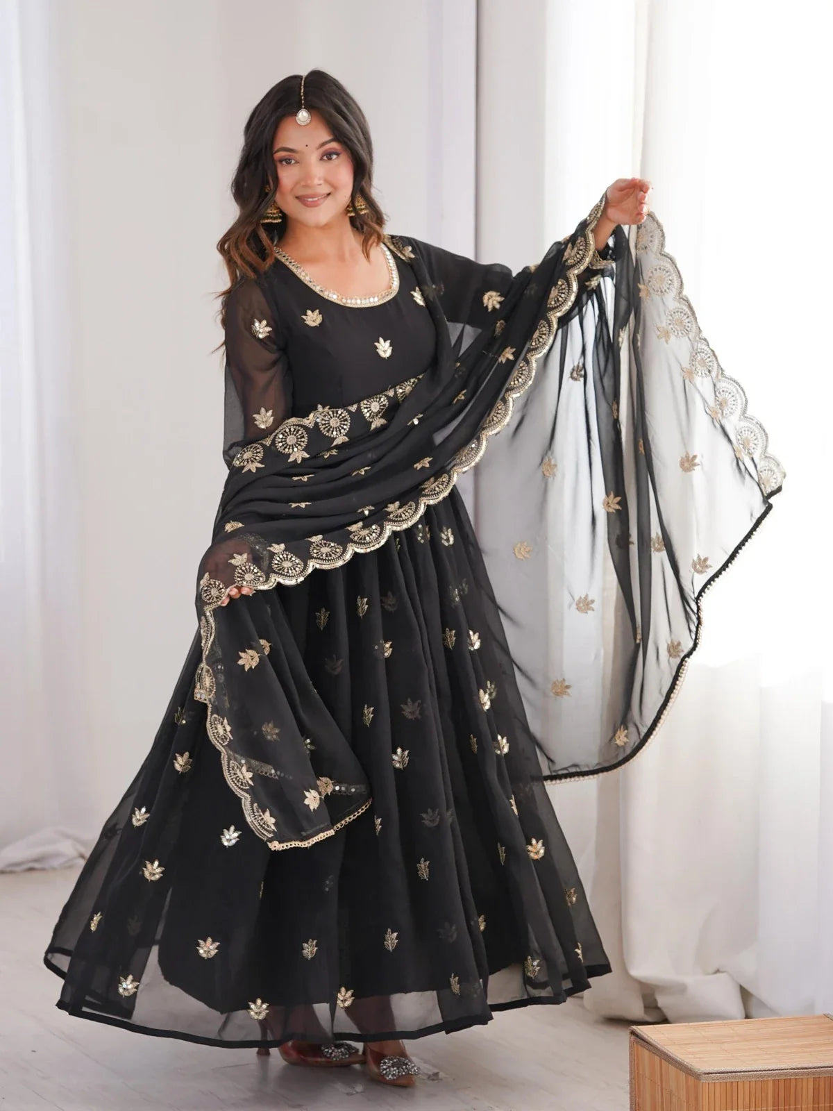 Tarani black georgette gown with dupatta full view front pose