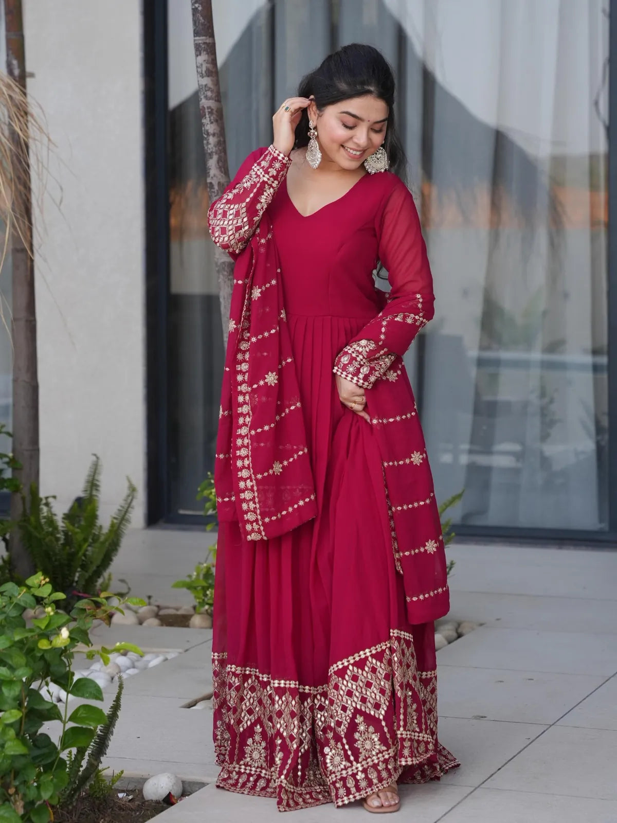 Tarani maroon georgette gown full view with heavy embroidery and dupatta