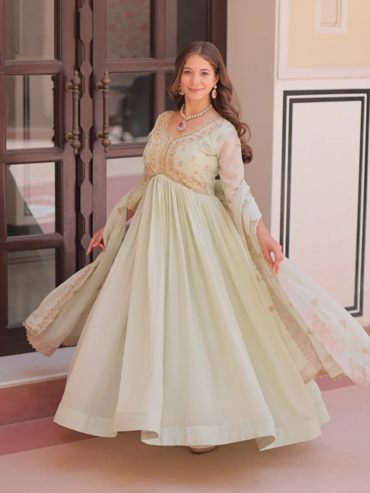 Tarani mint green georgette gown full view with dupatta