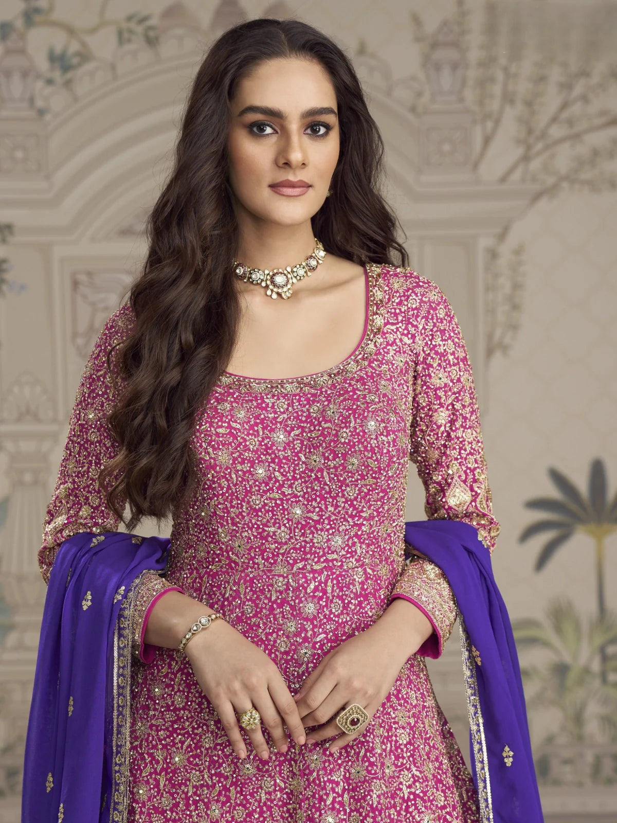 Tarani pink georgette gown upper body view showing intricate Siroski Zarkan work