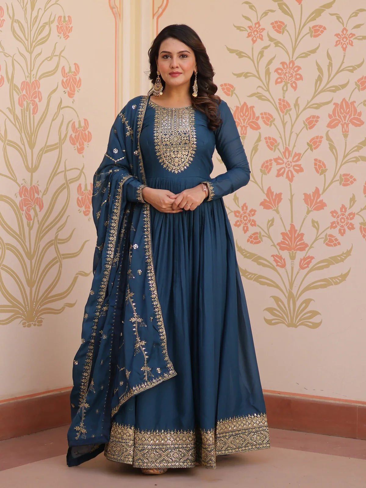 Tarani teal georgette gown full view with zari and sequin embroidery