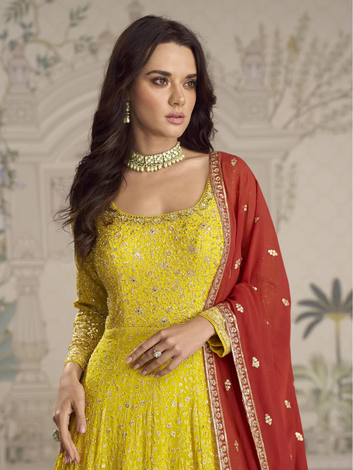 Tarani Abhaya georgette gown V neck and 3/4 sleeves with embroidery upper body view