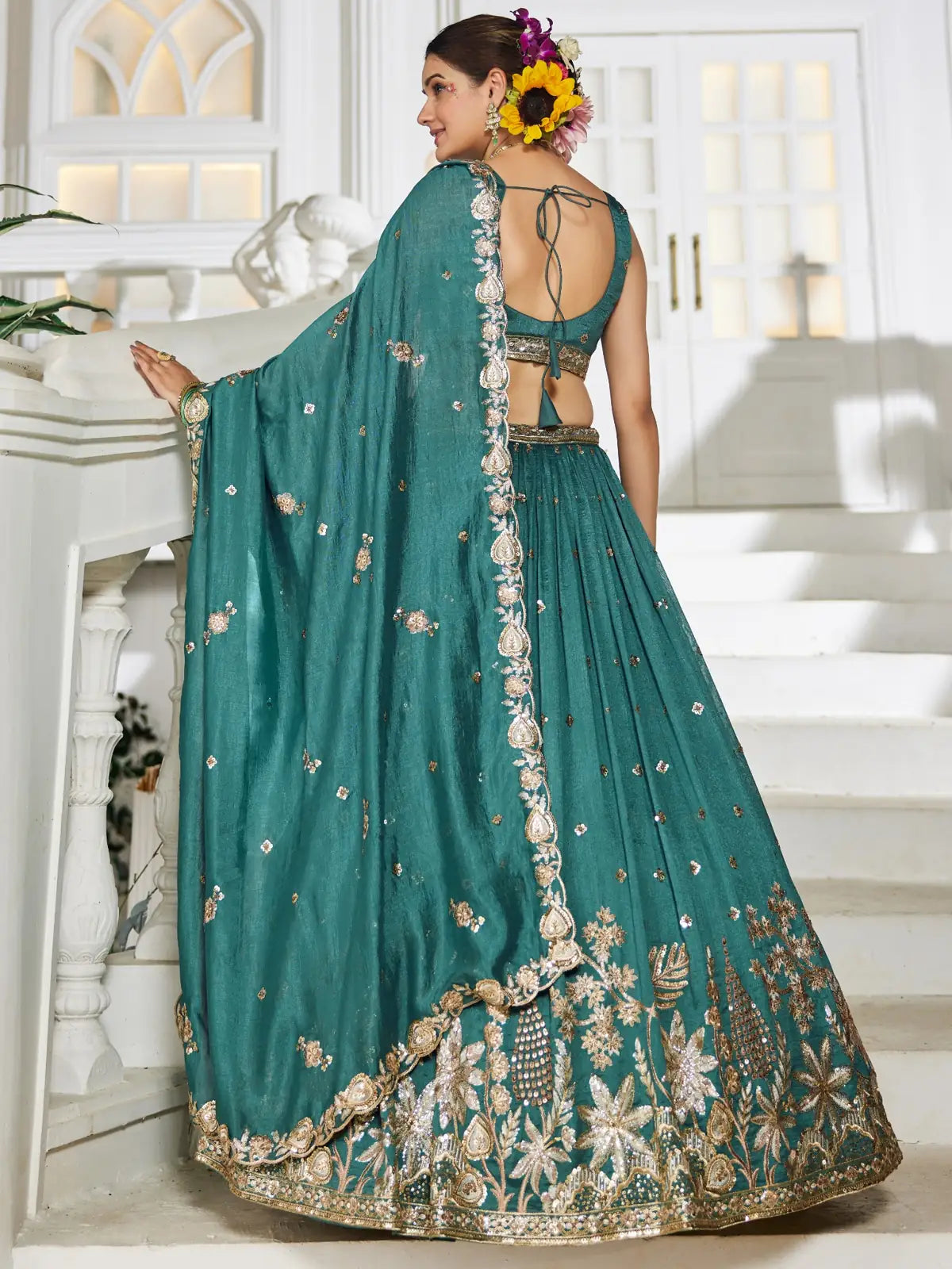 Tarani premium green georgette lehenga full back view with dupatta drape