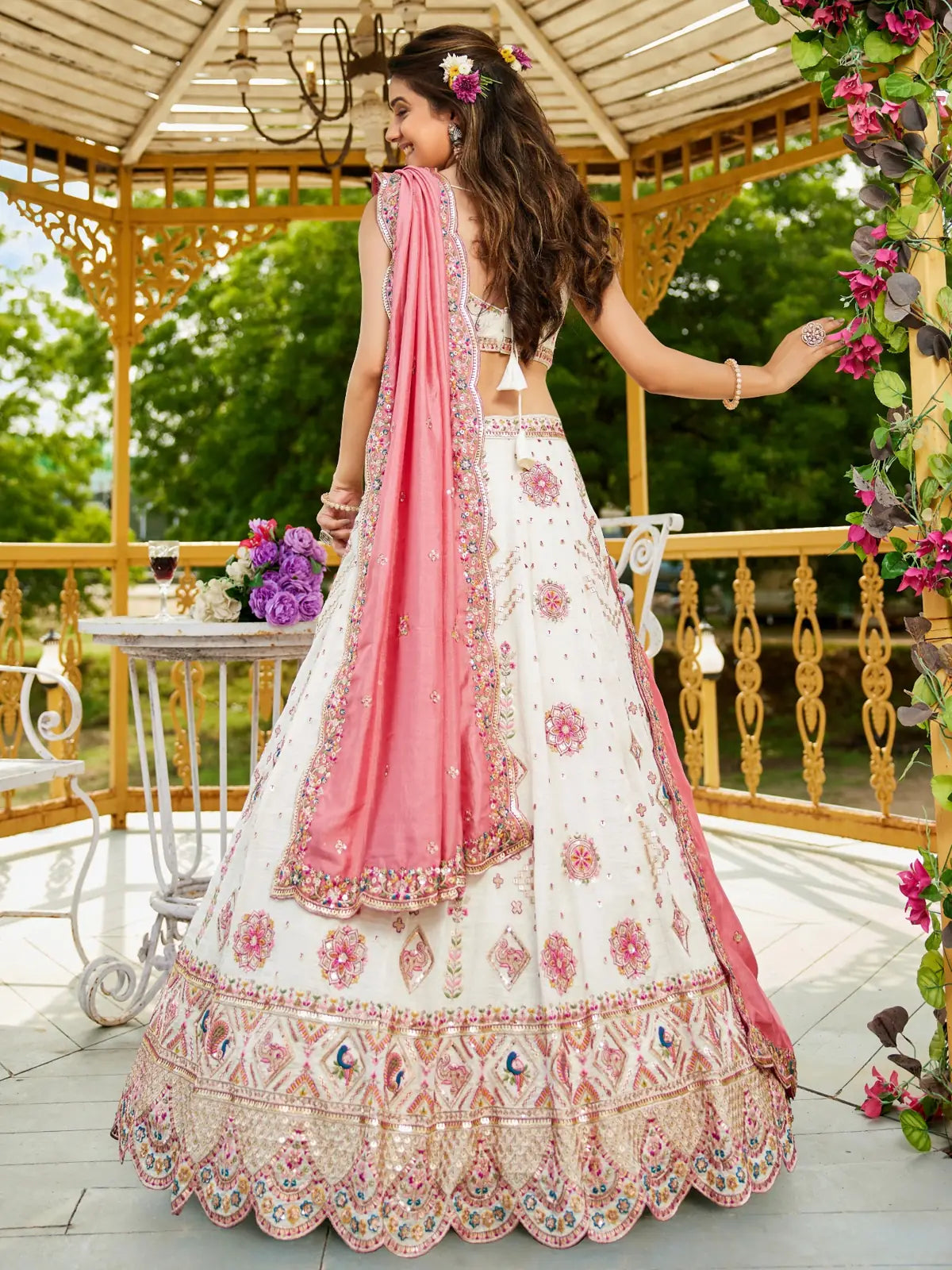 Tarani green georgette lehenga back view highlighting dupatta and blouse design