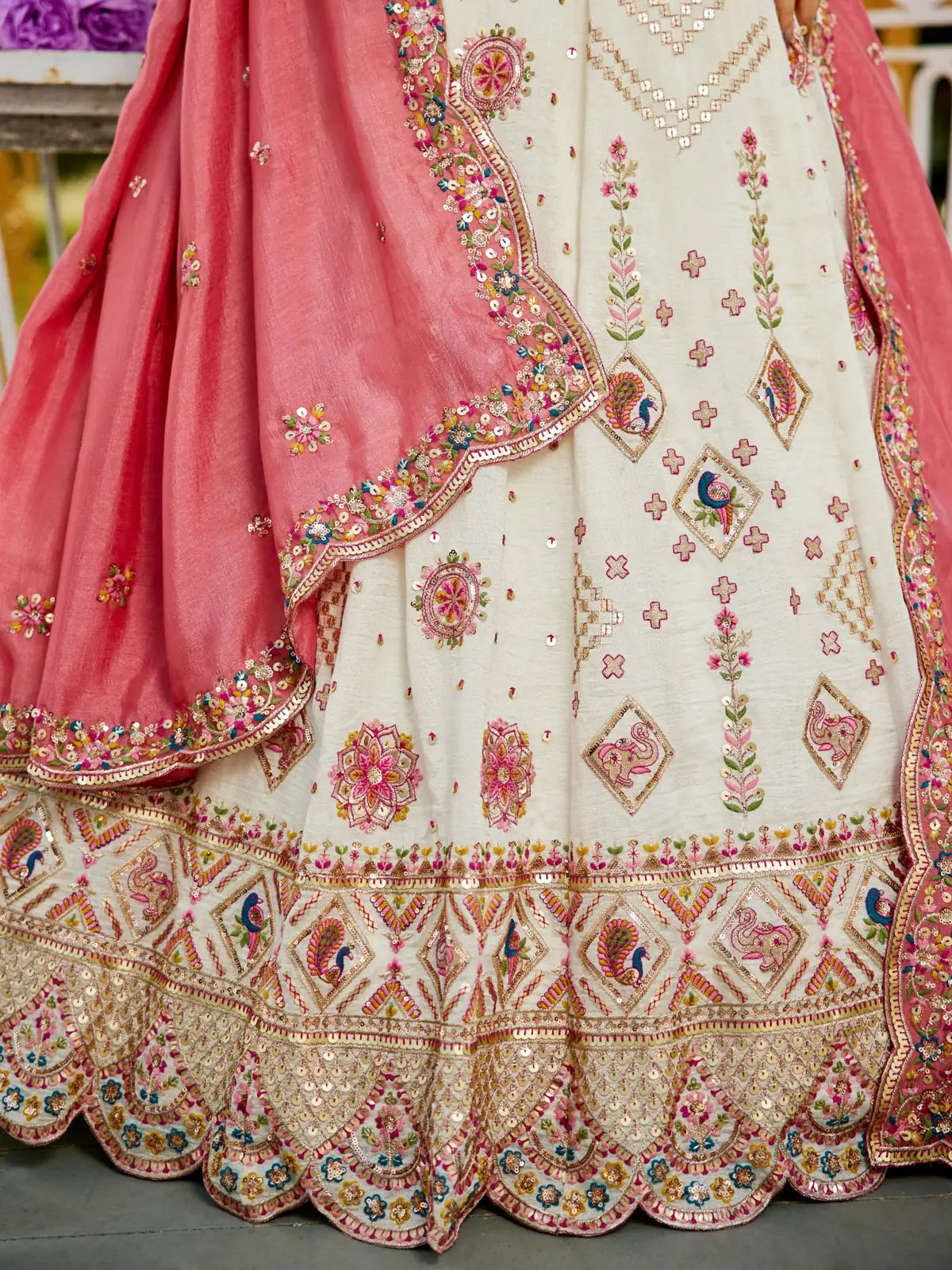 Tarani georgette lehenga closeup of detailed embroidery work and dupatta border