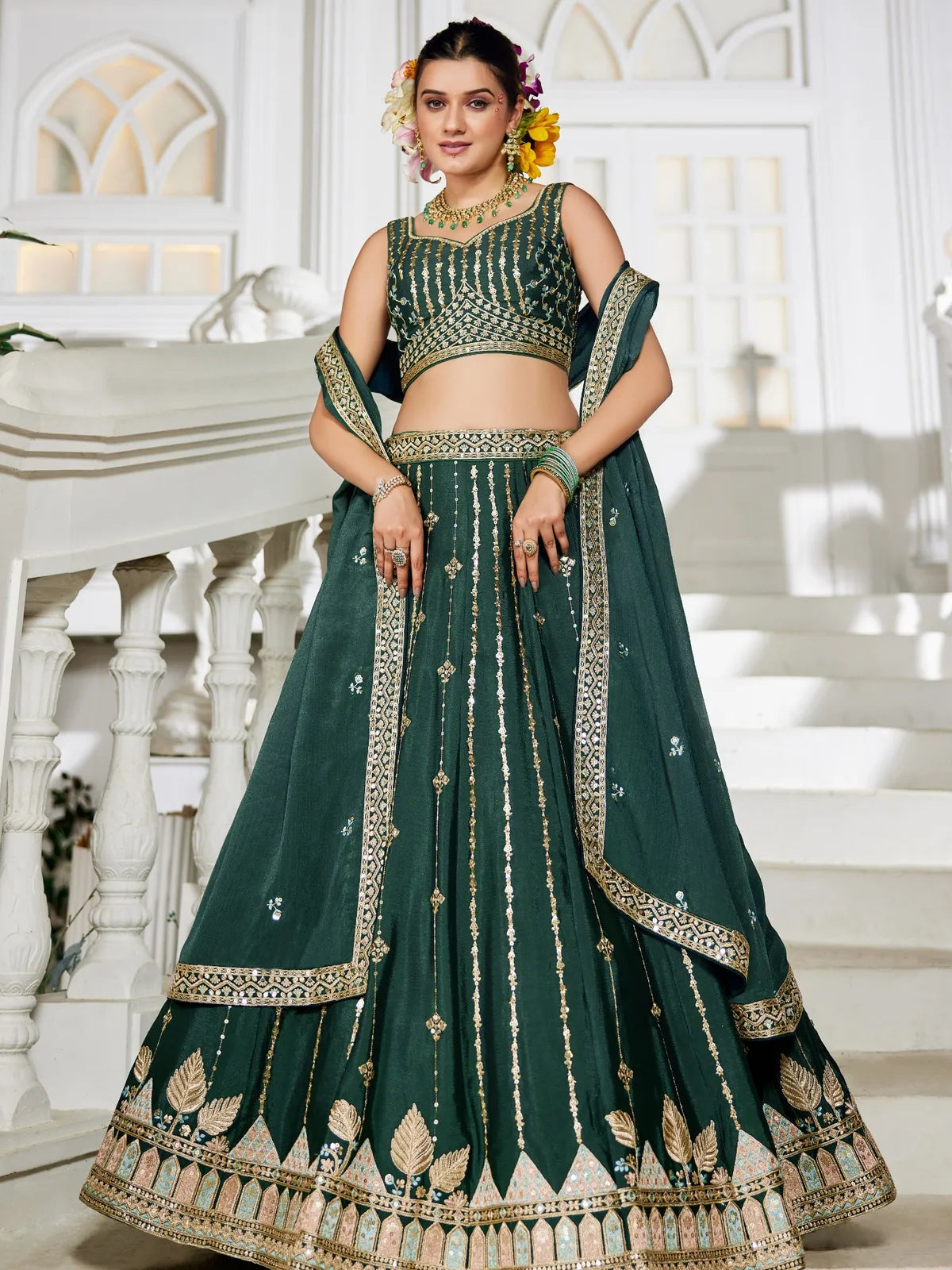 Tarani premium green georgette lehenga full view with sequin embroidery and blouse dupatta