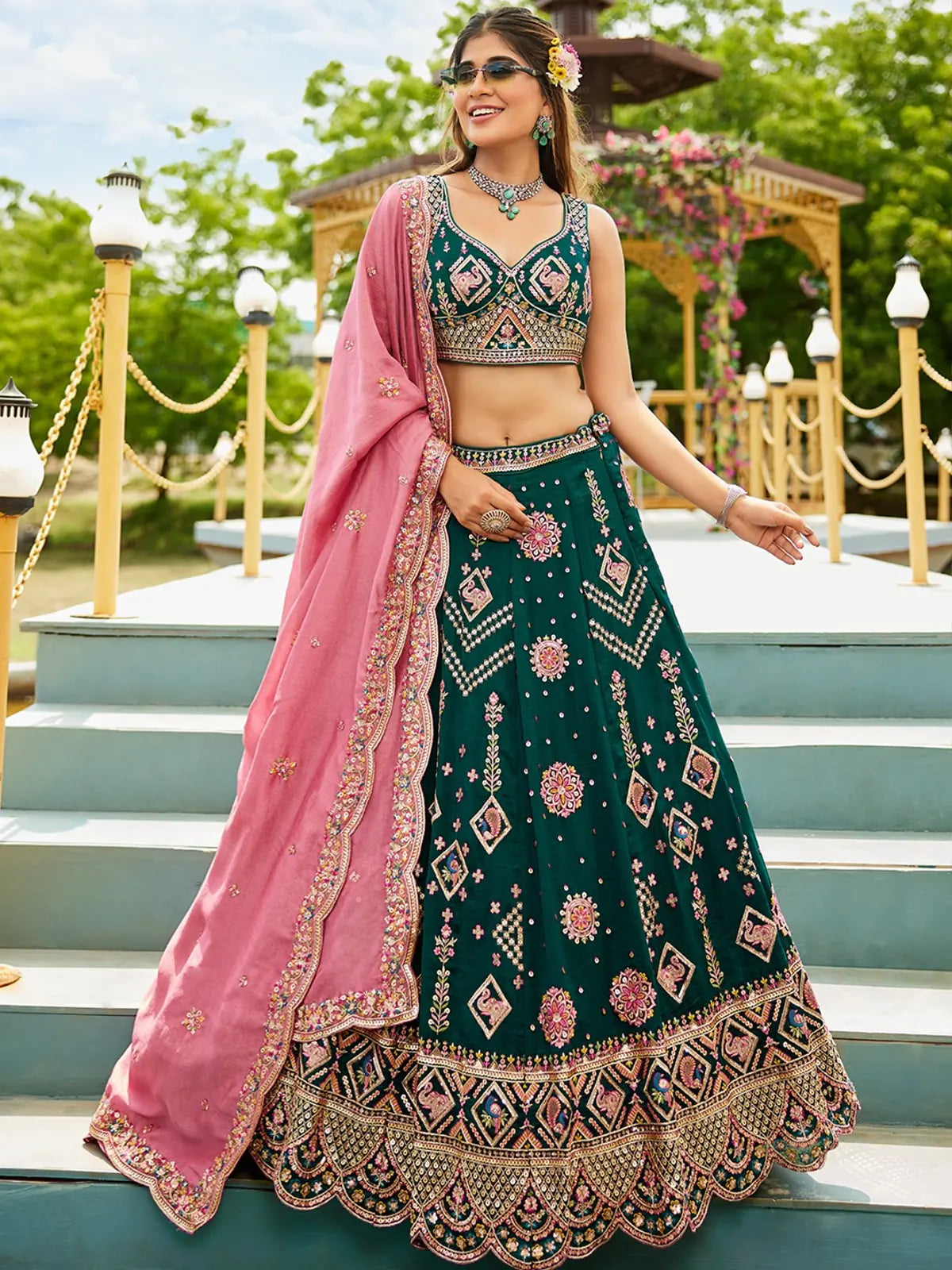 Tarani green georgette lehenga set with pink dupatta and heavy embroidery full view Ashmika collection