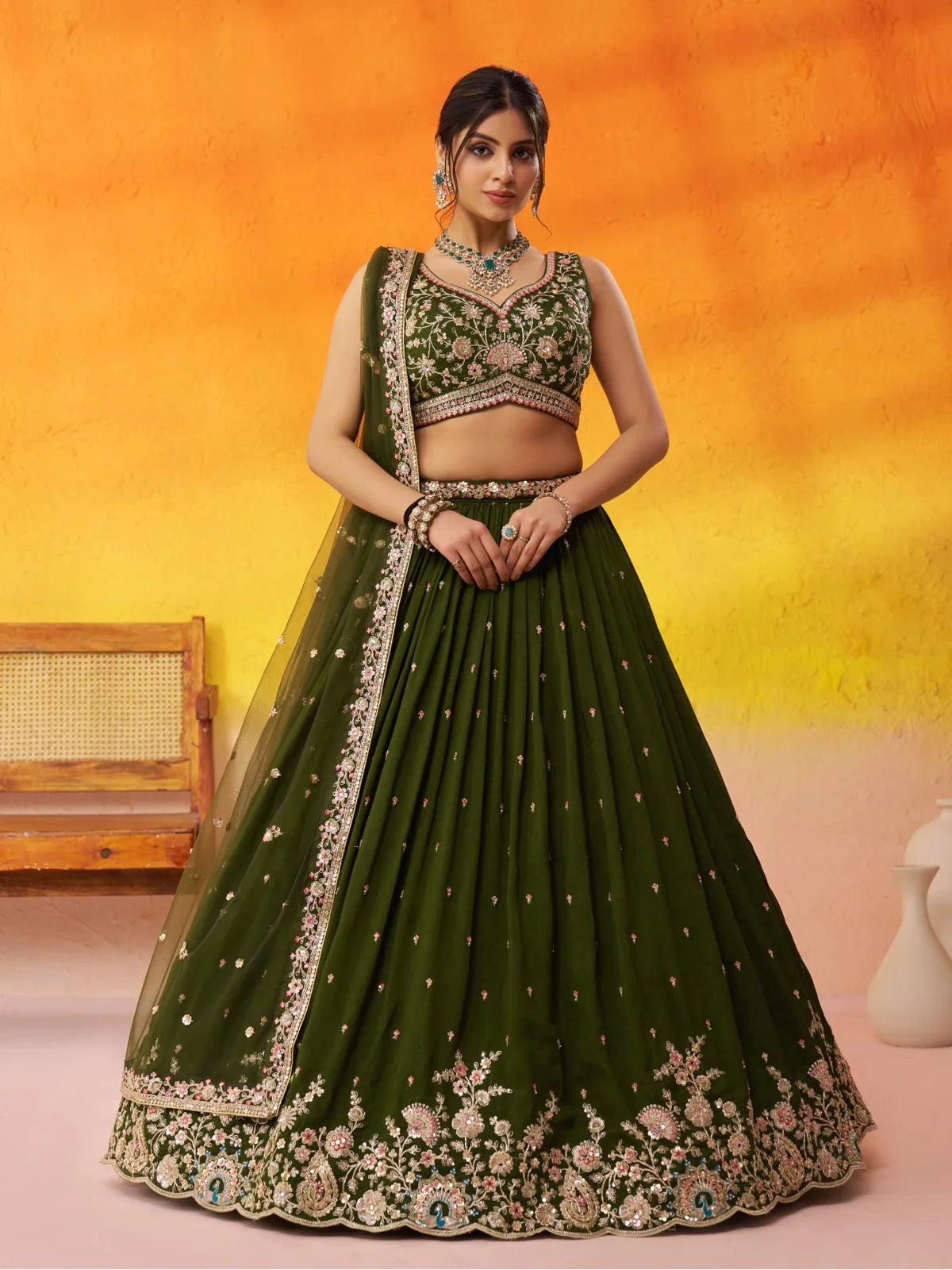 Tarani olive green georgette lehenga full view with embroidered blouse and heavy dupatta