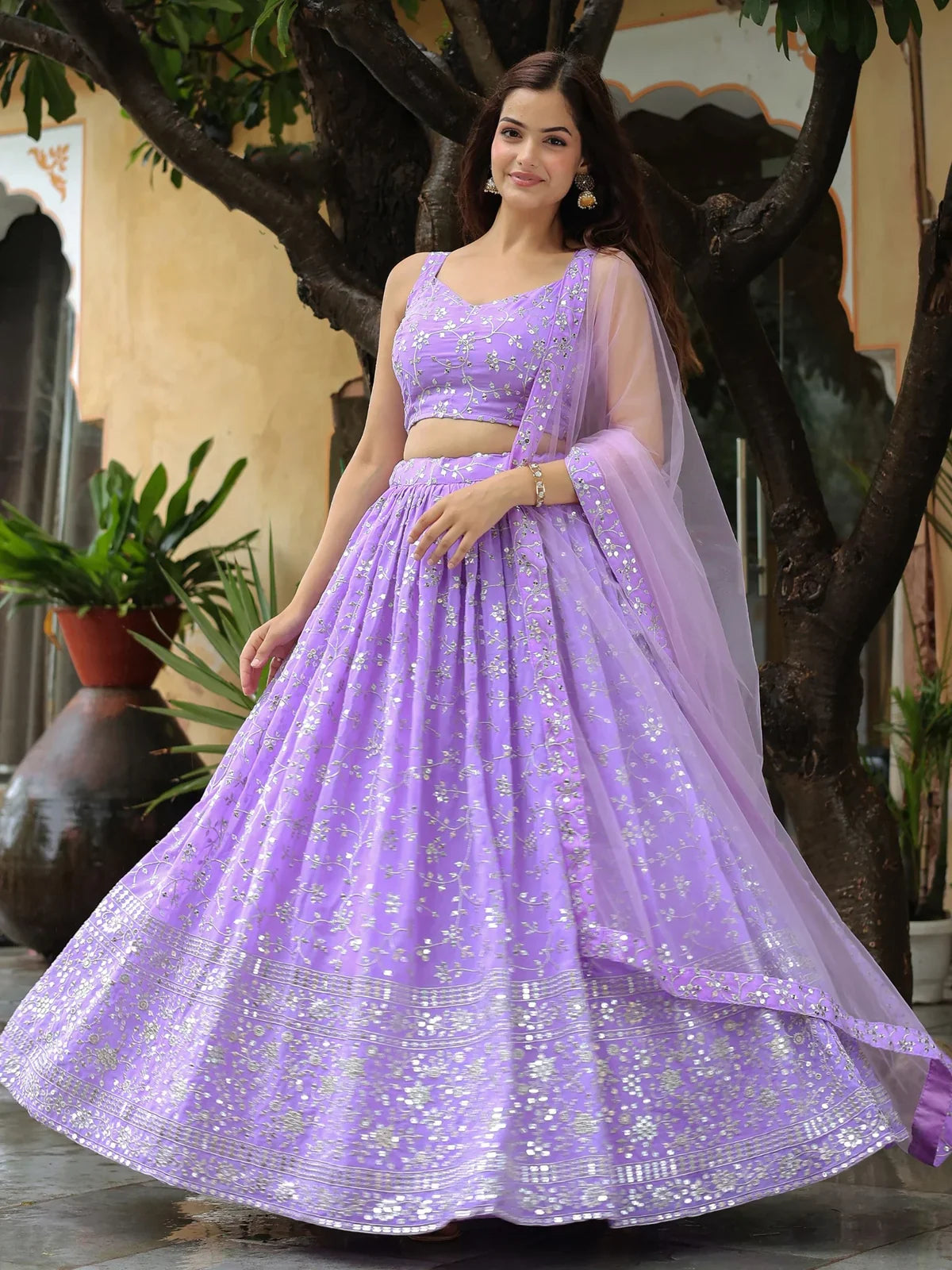 Tarani lavender georgette lehenga full flowing view with dupatta