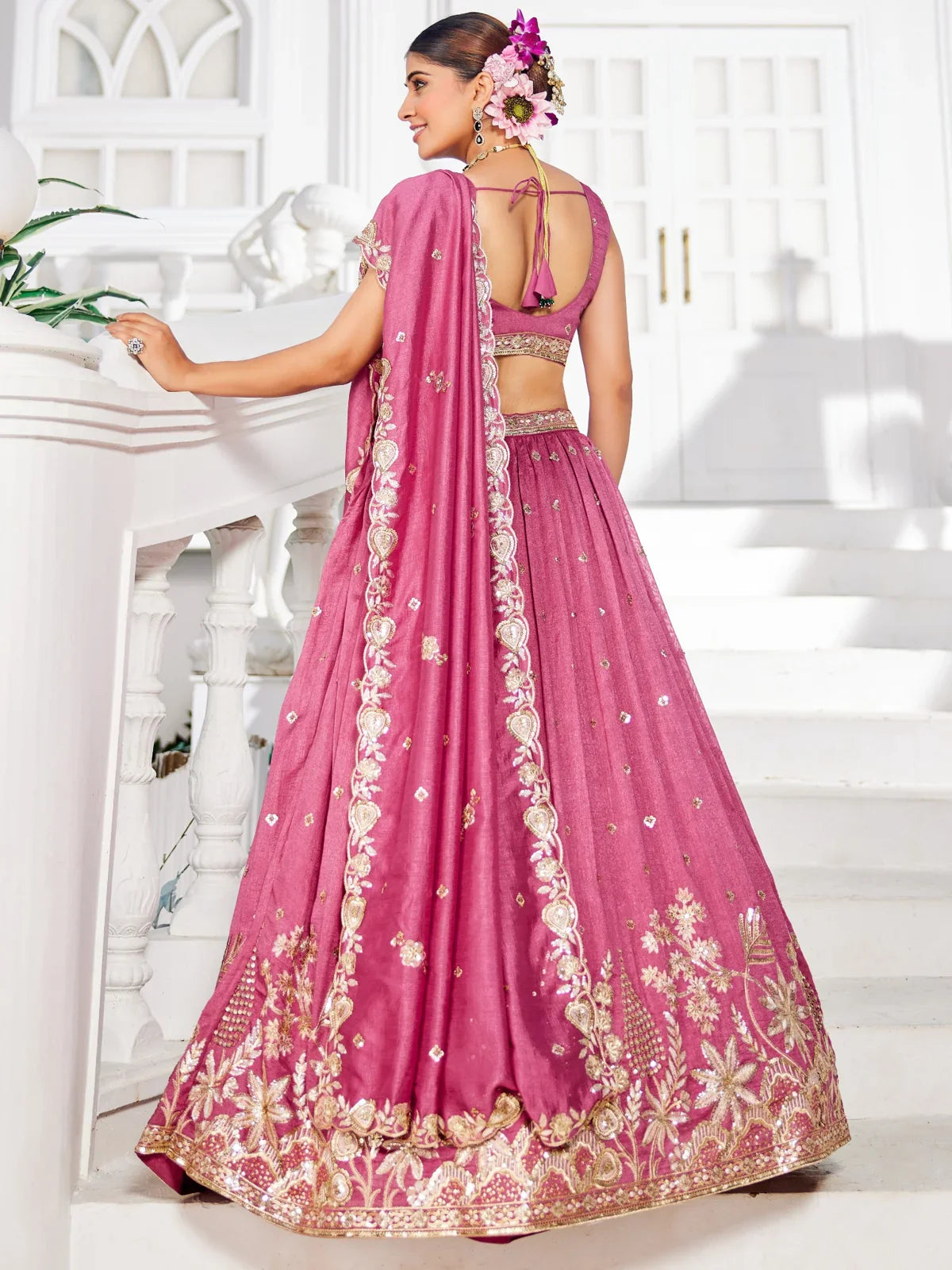 Tarani pink georgette lehenga full back view with dupatta and blouse design