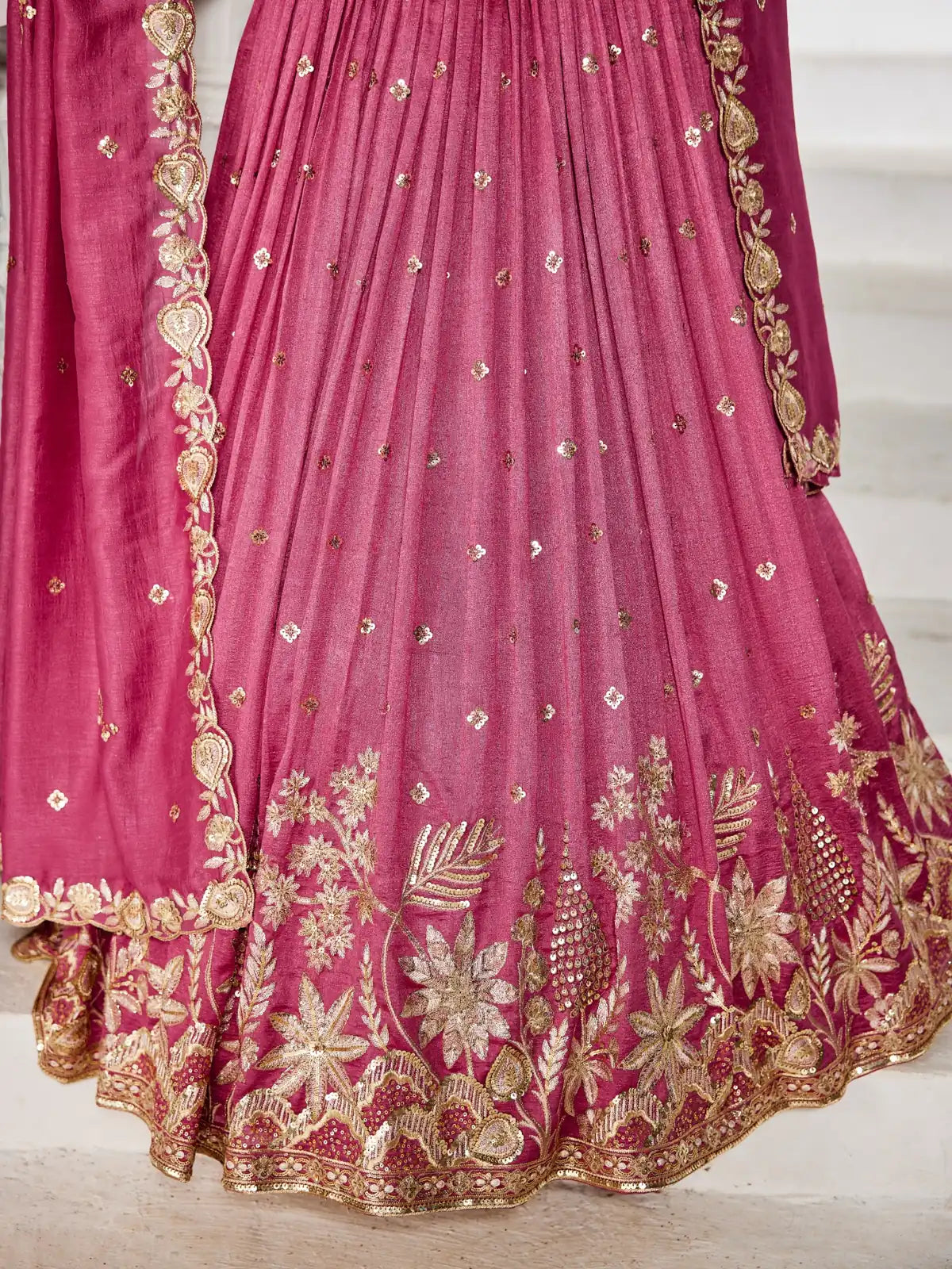 Tarani pink georgette lehenga detailed embroidery and fabric closeup view
