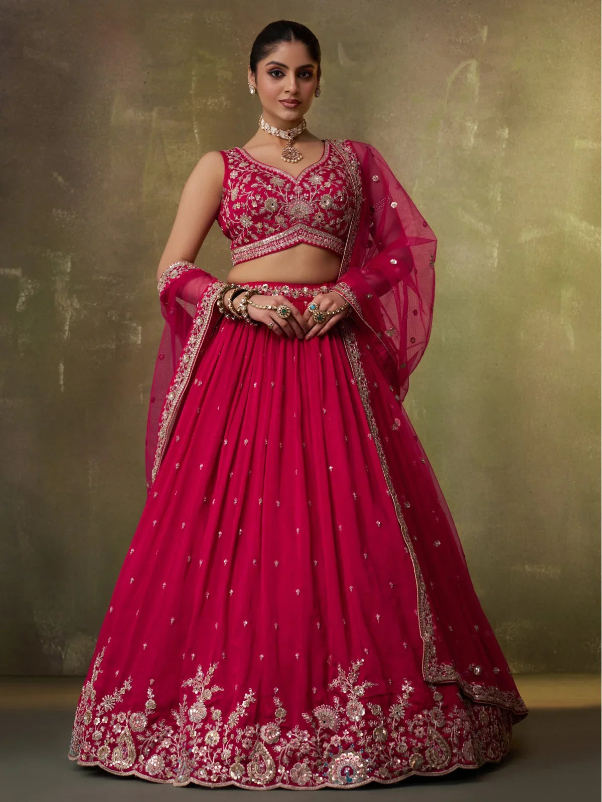 Tarani pink georgette lehenga with sequins and embroidery, full front view with matching blouse and dupatta