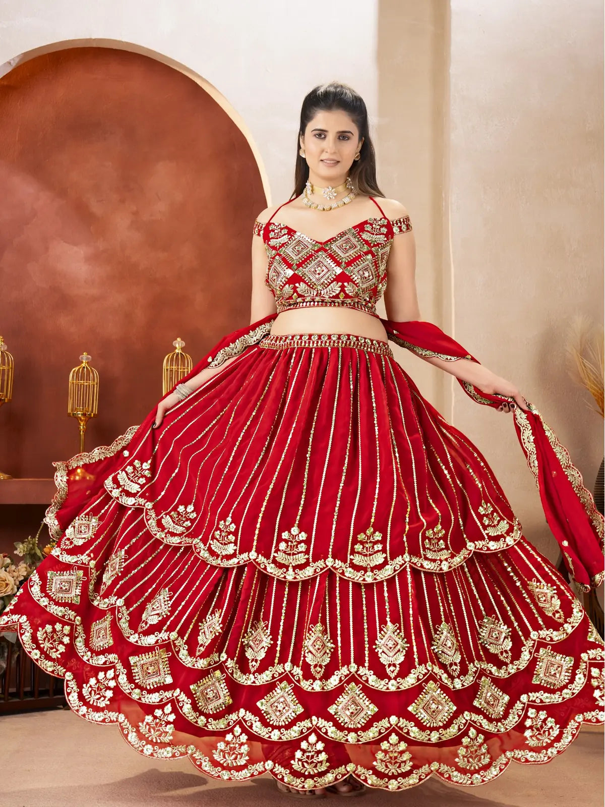 Tarani red lehenga front full view with layered embroidery and traditional flare