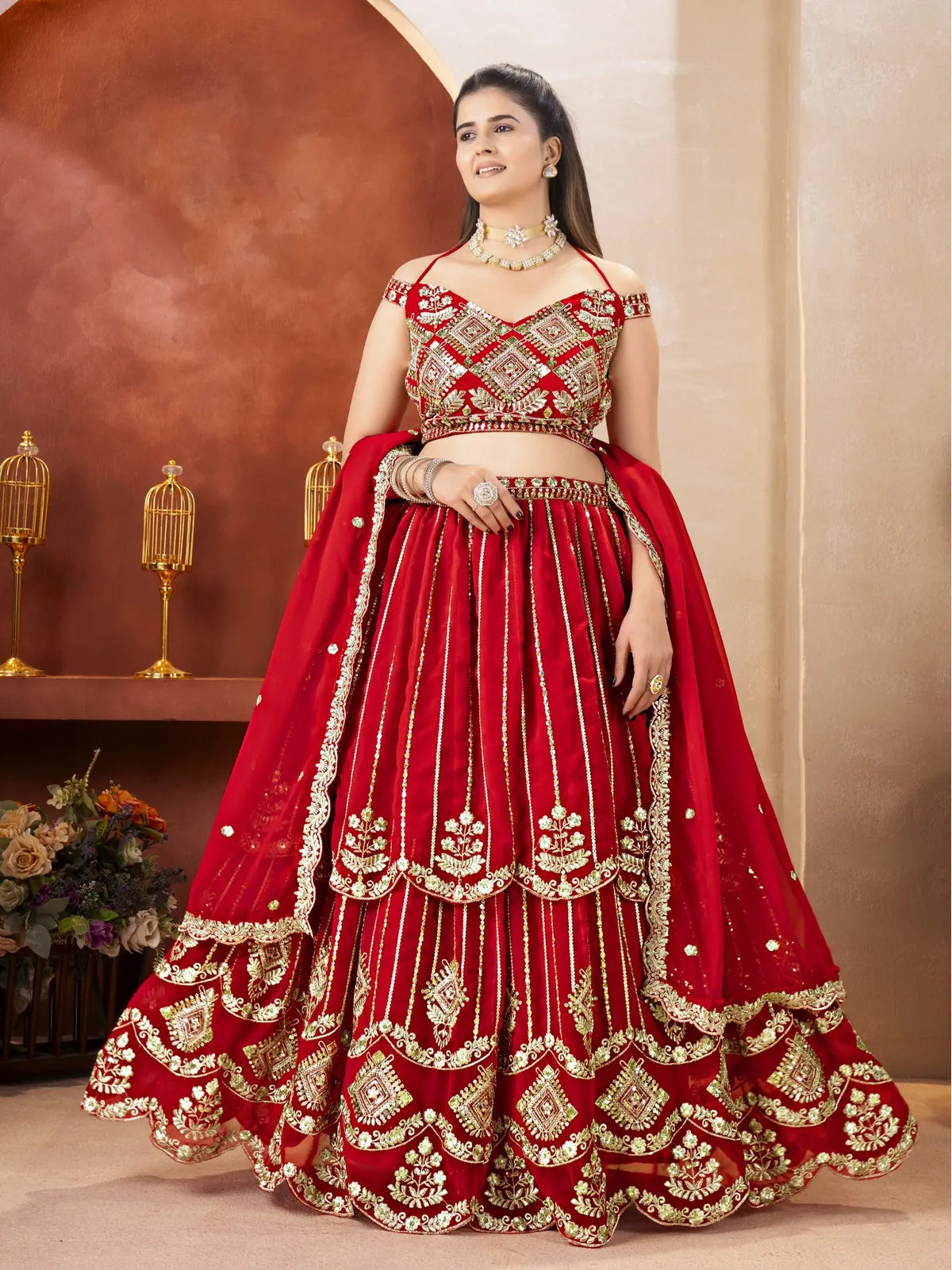 Tarani red georgette lehenga with zari and sequin embroidery and full flared look for weddings