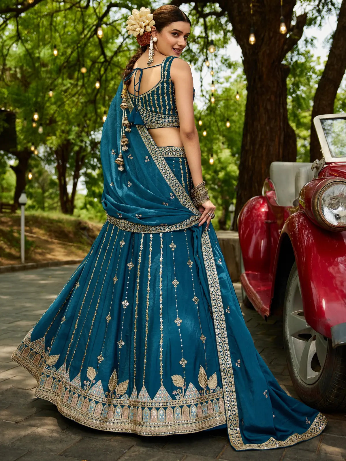 Tarani violet georgette lehenga with dupatta and embroidery back view
